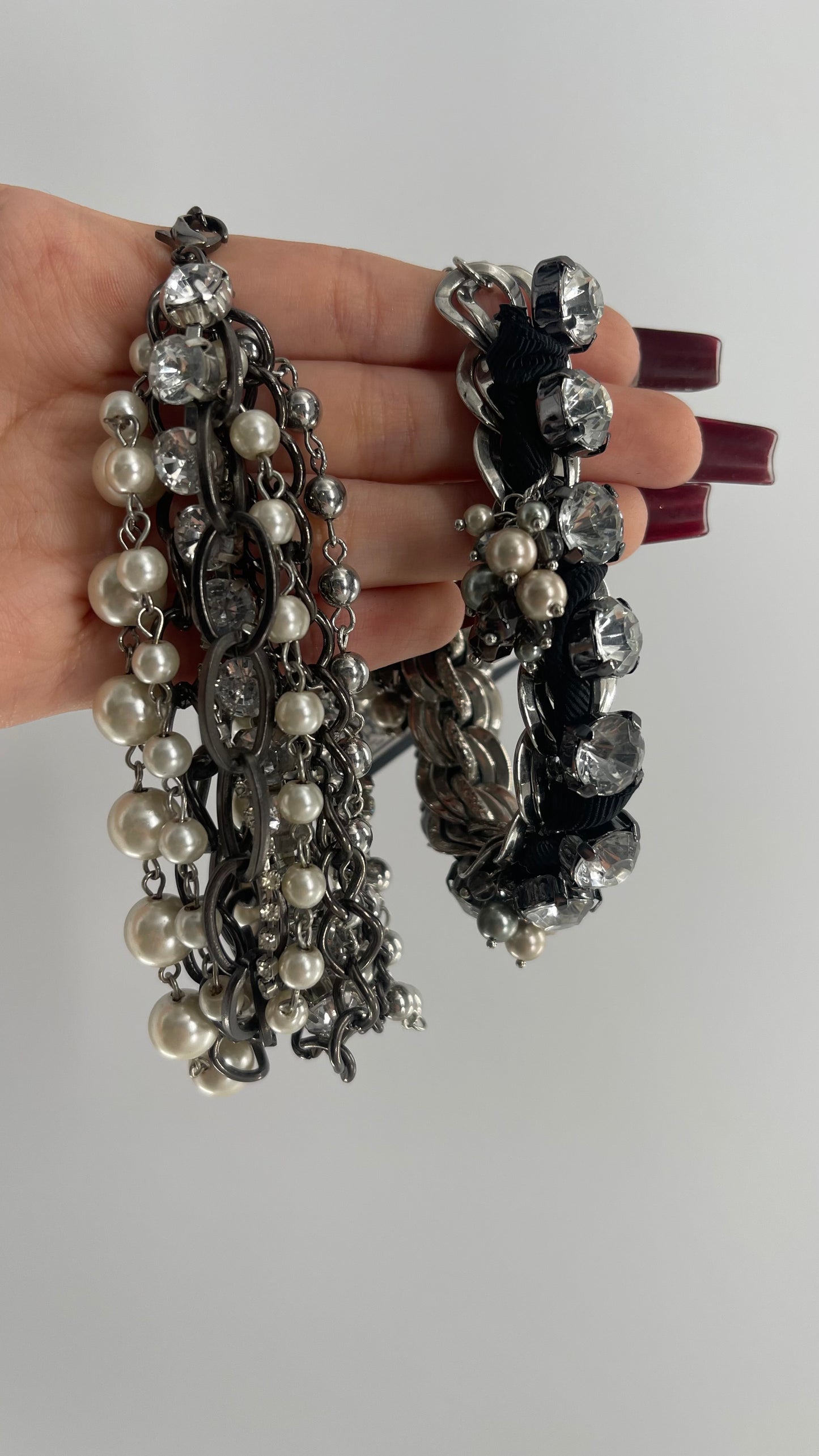 Vintage Heavy Layered Pearl Gunmetal Chain and Oversized Rhinestone 2pc Bracelet Set