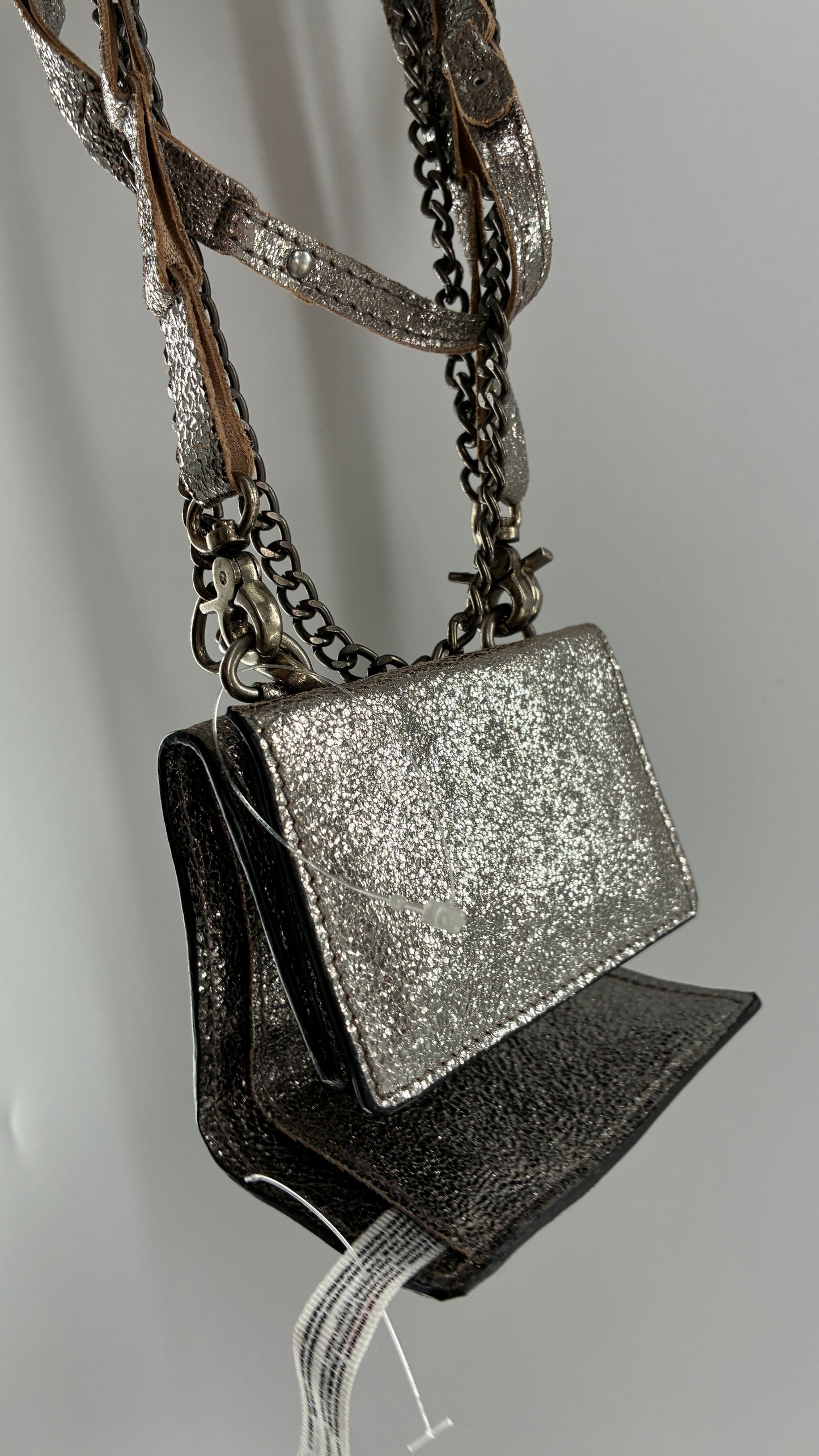 Free People Silver Gun Metal Metallic Goat Leather Wallet with Leather and Chain Straps
