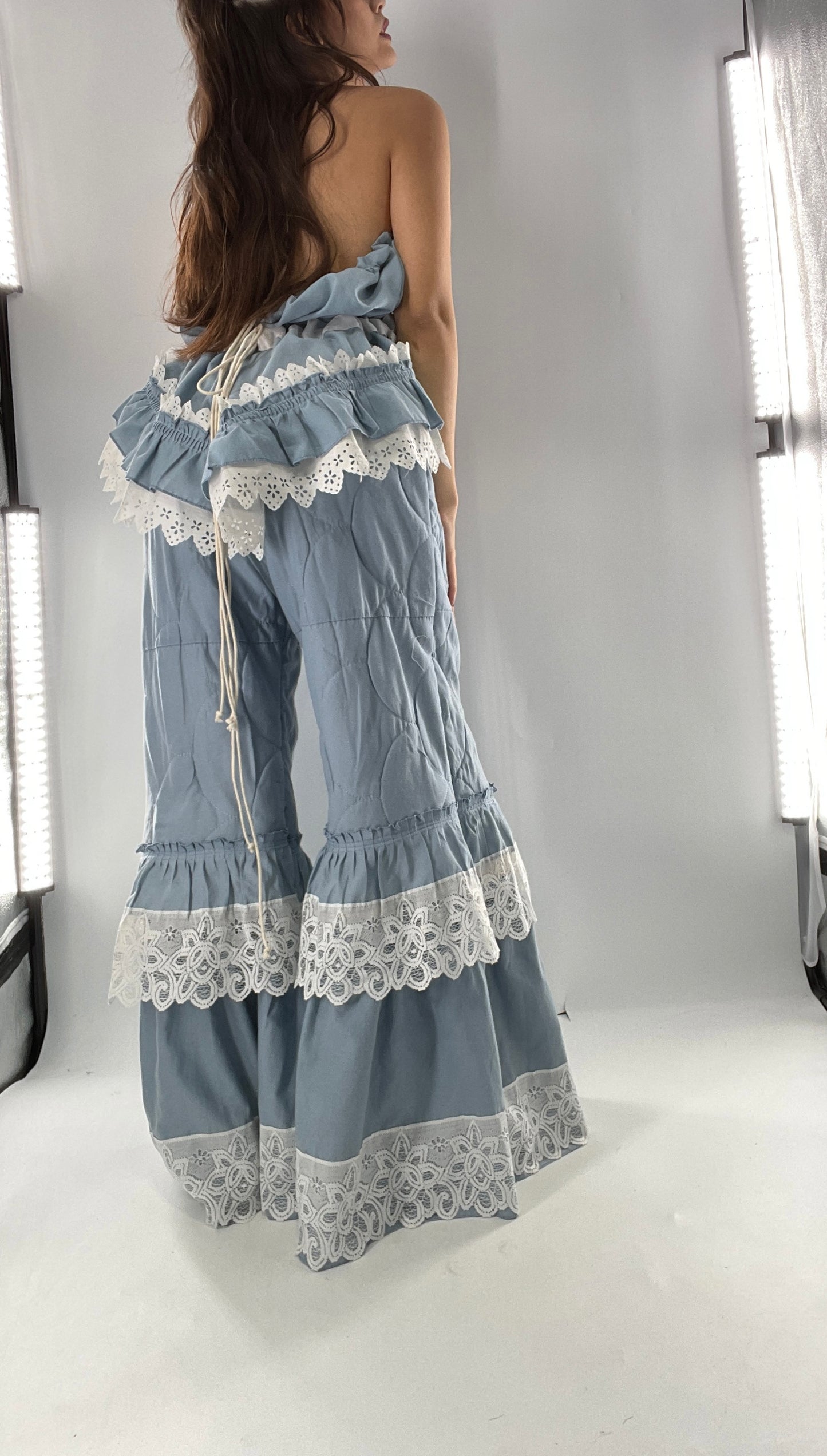 Vintage 2 Piece Powder Blue Set Featuring 2Way Blouse and Quilted Trousers Covered in Ruffles, Lace and Trim (One Size)