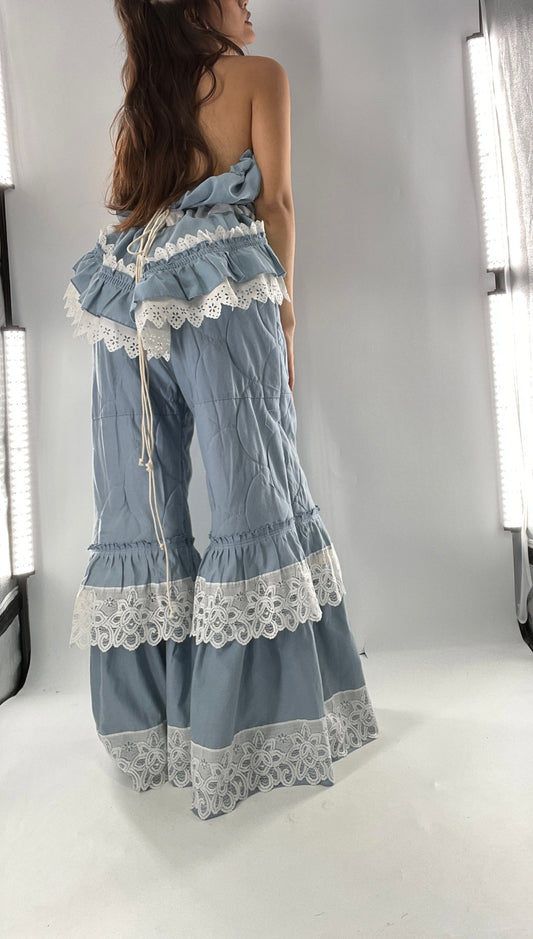 Vintage 2 Piece Powder Blue Set Featuring 2Way Blouse and Quilted Trousers Covered in Ruffles, Lace and Trim (One Size)
