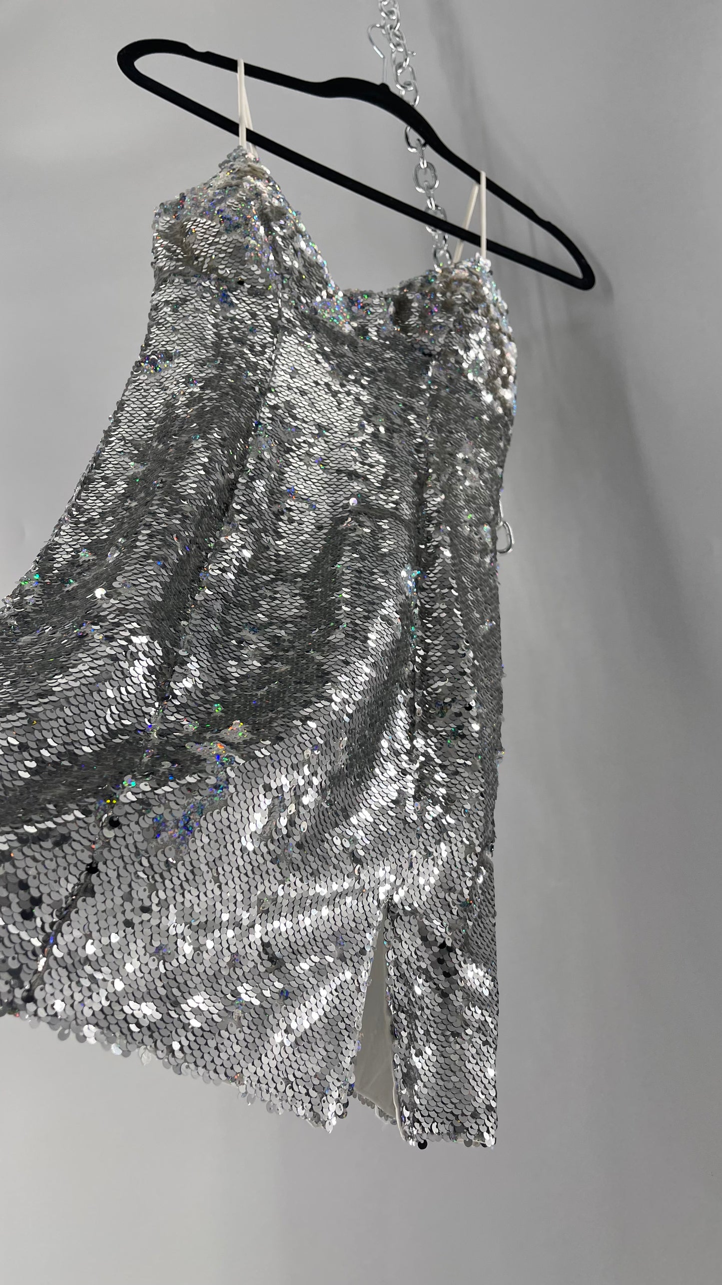 Princess Polly Silver Iridescent Sequin Mini Dress with Triangle Cups and Thigh Slit (0)