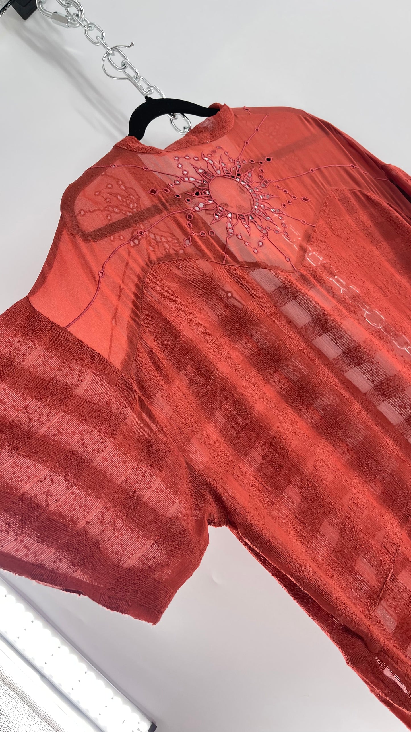 NFO Anthropologie Burnt Orange Cape With Embroidered Solstice Sun and Crescent Moon Designs (One Size)