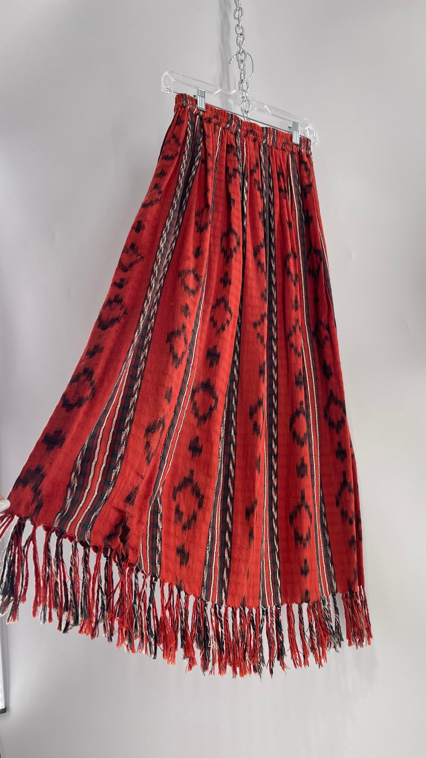 Vintage 100% Cotton Hand Woven Moon Weaver Burnt Orange Dessert Skirt  with Fringe (M/L)