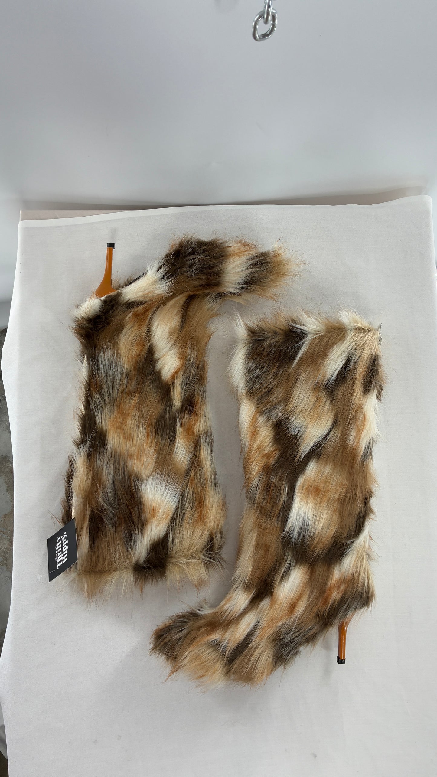 Vintage Mixed Tone Vegan Fur, Knee High, Pointed Toe Boots (43)