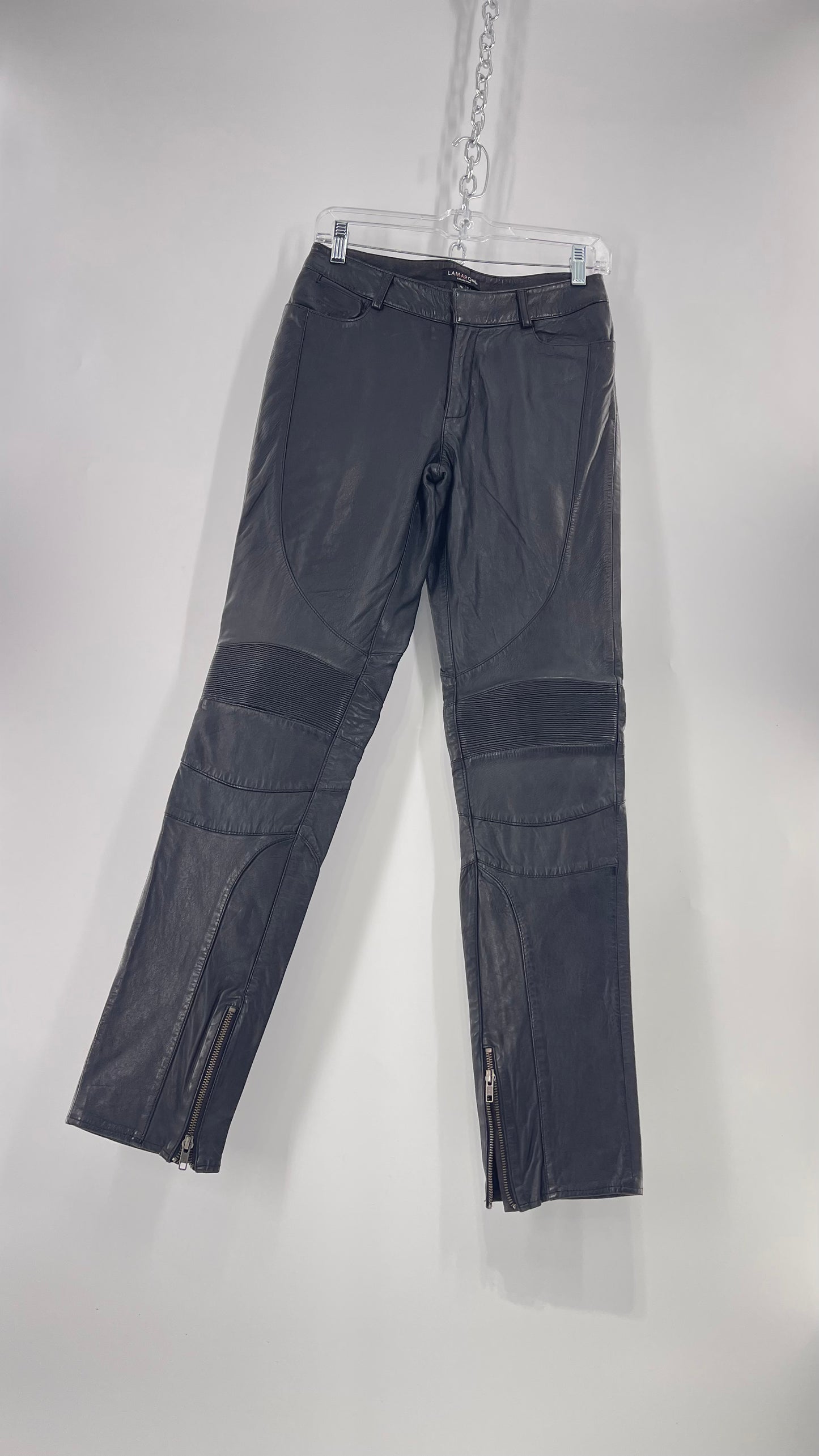 LAMARQUE 1990s Collection Vintage Black Leather Moto Style Pant with Panels, Ribbing and Zipper Details (6)
