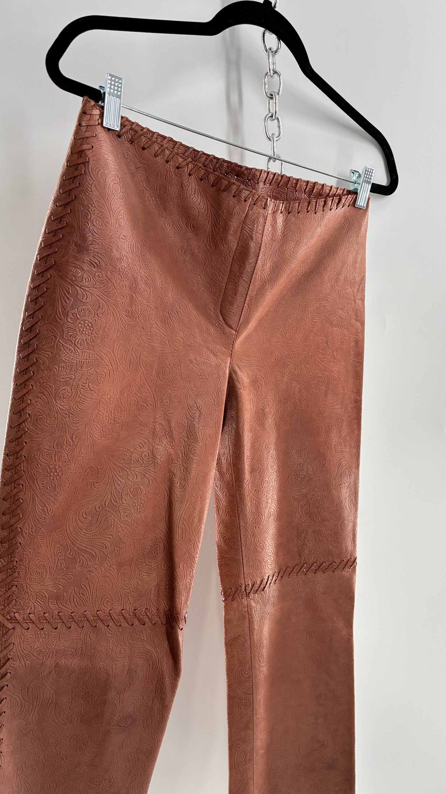Vintage Embossed Paisley Patterned Genuine Leather Pants with Stitching Details (No Label Unbranded, S)