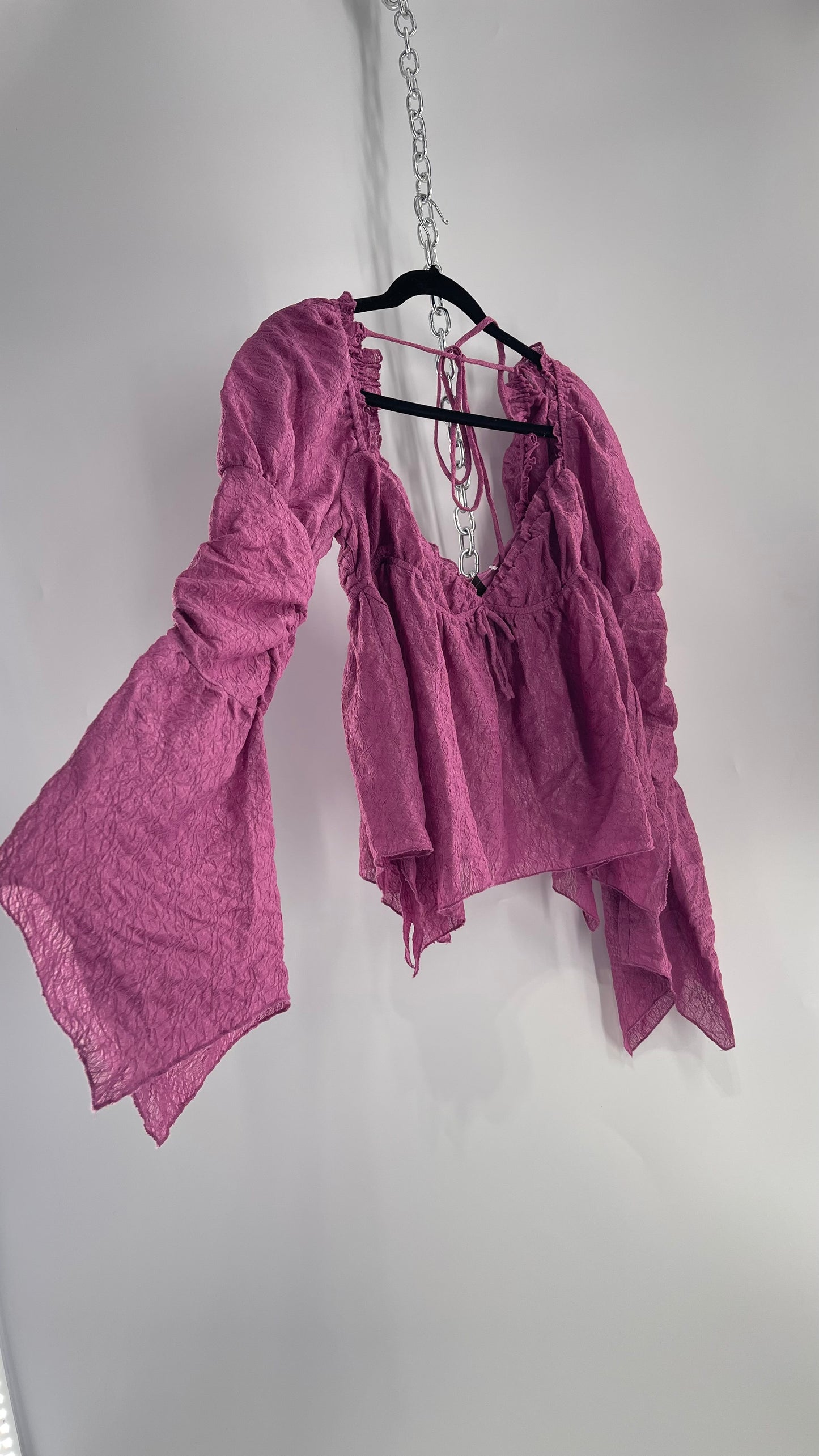 Urban Outfitters Purple Lace Blouse with Handkerchief Slit Hem, Princess Fairy Sleeves, Ruffle Trim Bust and Low Back (Large)