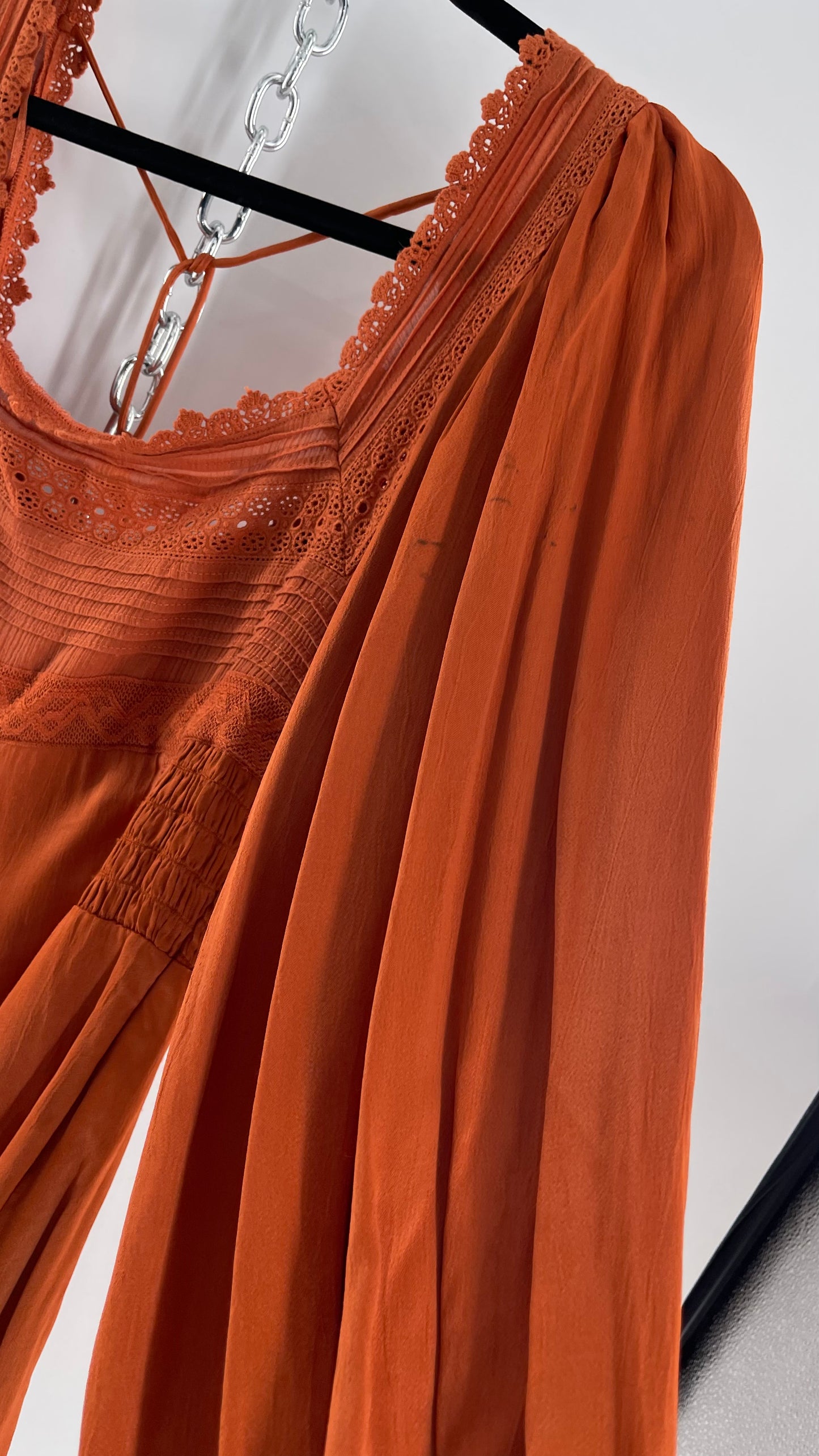 Free People Silky Orange Romper with Buttoned Sleeve Cuffs, Balloon Sleeves and Pleated Lace Bust (2)