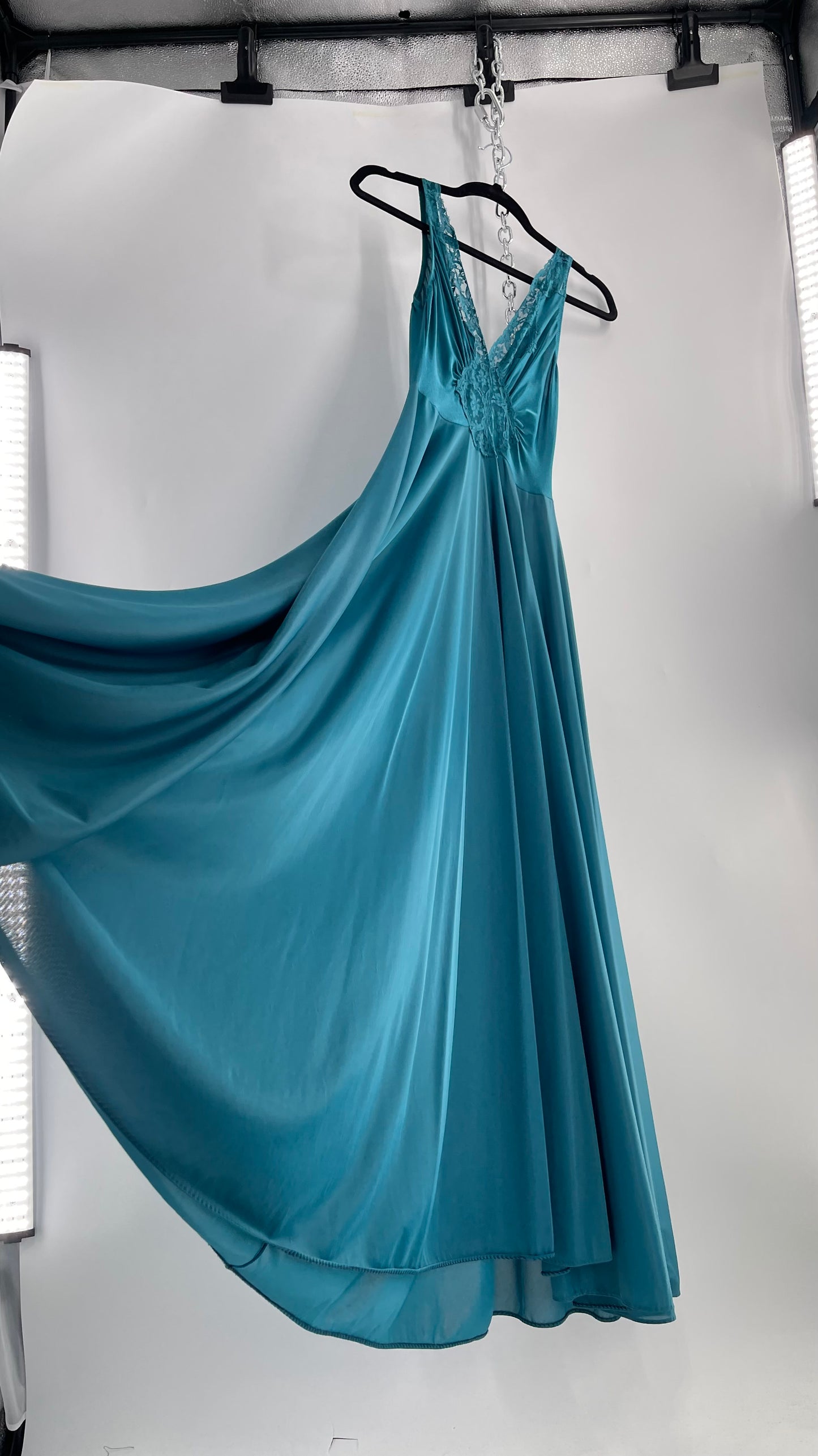 Vintage Olga Intimates Floor Length Voluminous Blue Jewel Toned Maxi Dress/Night Gown with Lace Bust (Small)