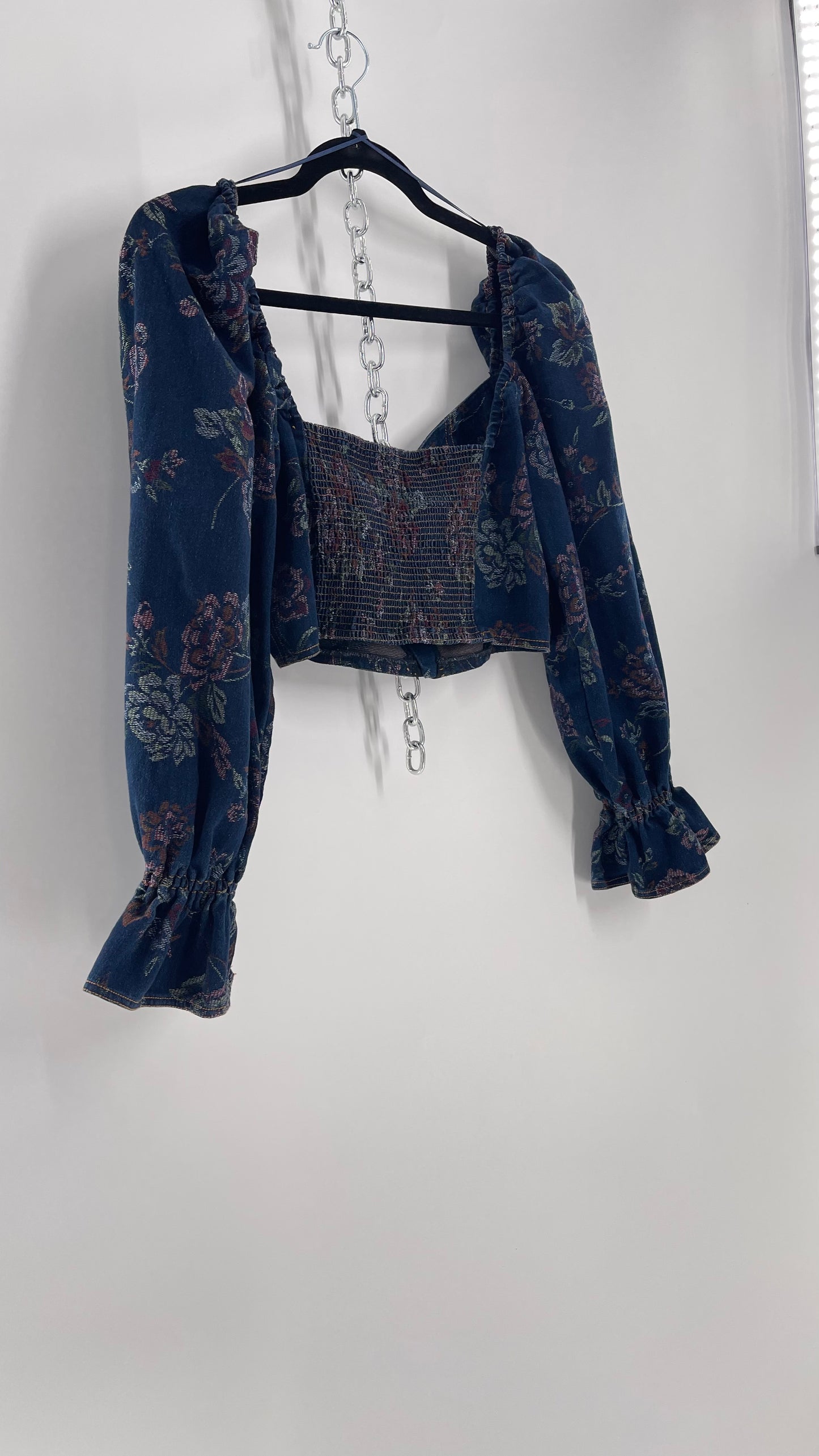 Urban Outfitters Denim Cropped Corset Grommet Balloon Sleeve Blouse (Large)