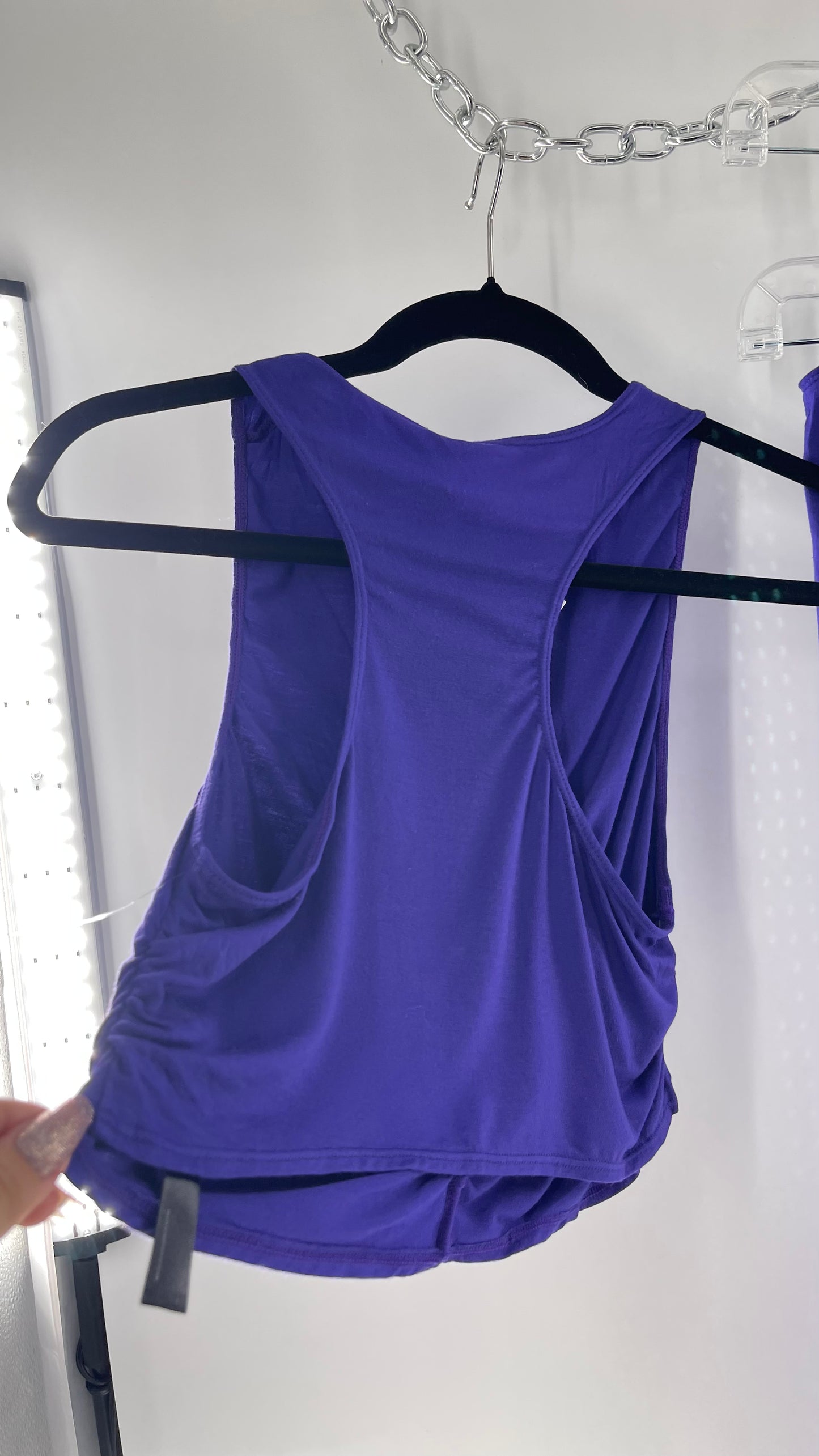 Free People 2 Piece Cobalt Purple Ruched Tank+ Cut Out Hip Strap Detail Flared Bottoms Set (Small)