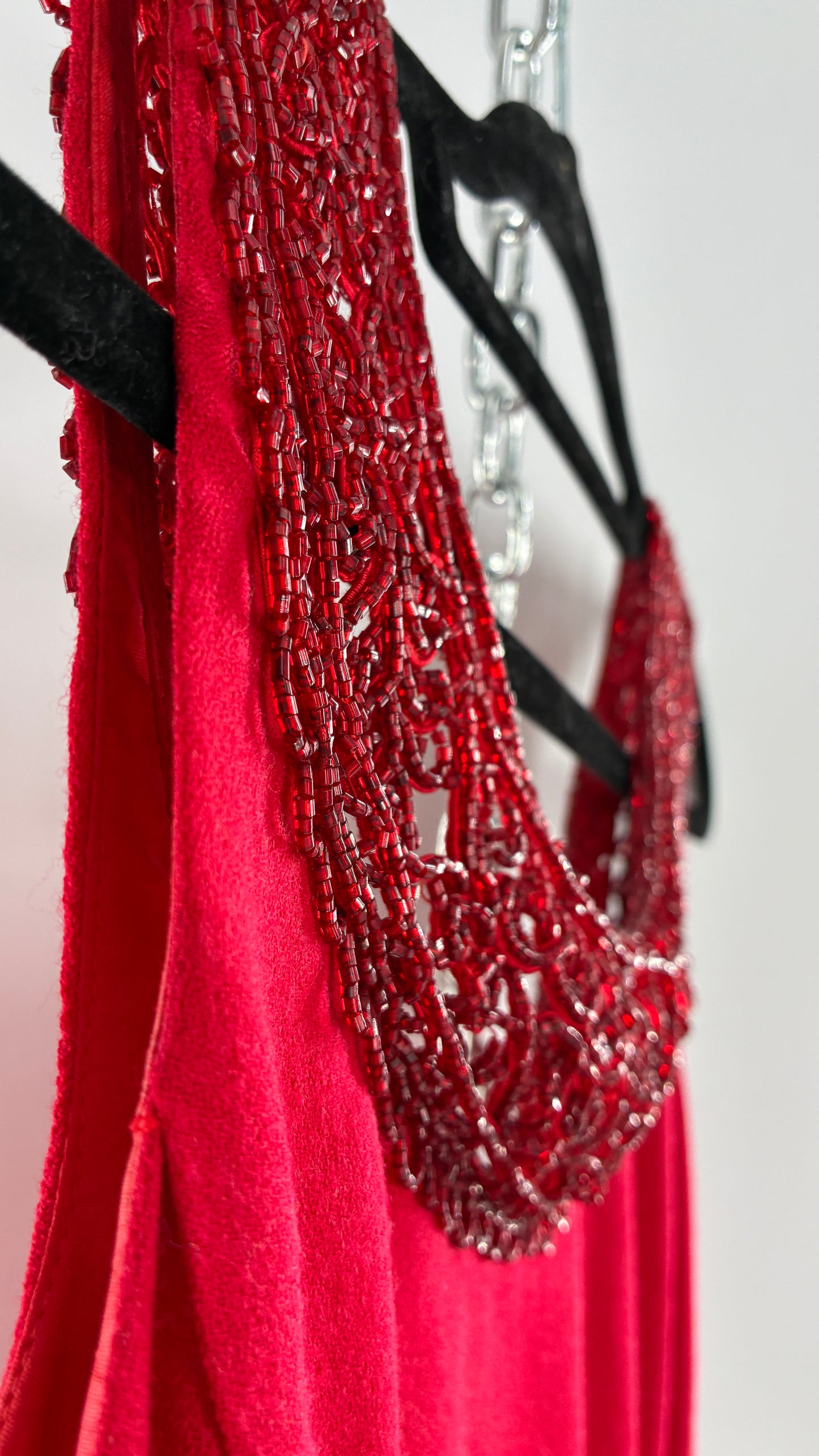 Vintage CARMEN MARC VALVO Red 100% Fitted, Tailored Wool Dress with Beaded Hem and Neckline (6)