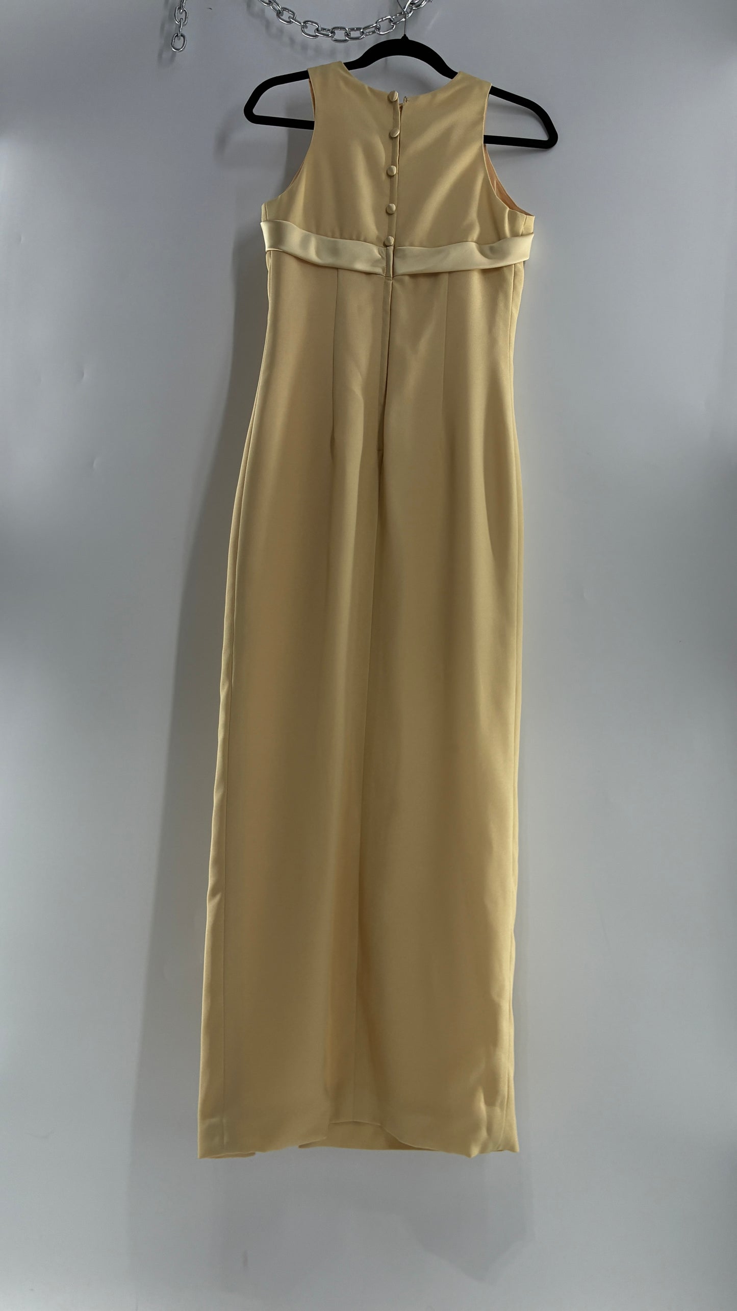 Vintage ALYCE’S Baby Yellow High Neck Satin Bow Bust, Side Slit, Button Back Gown (Measured)