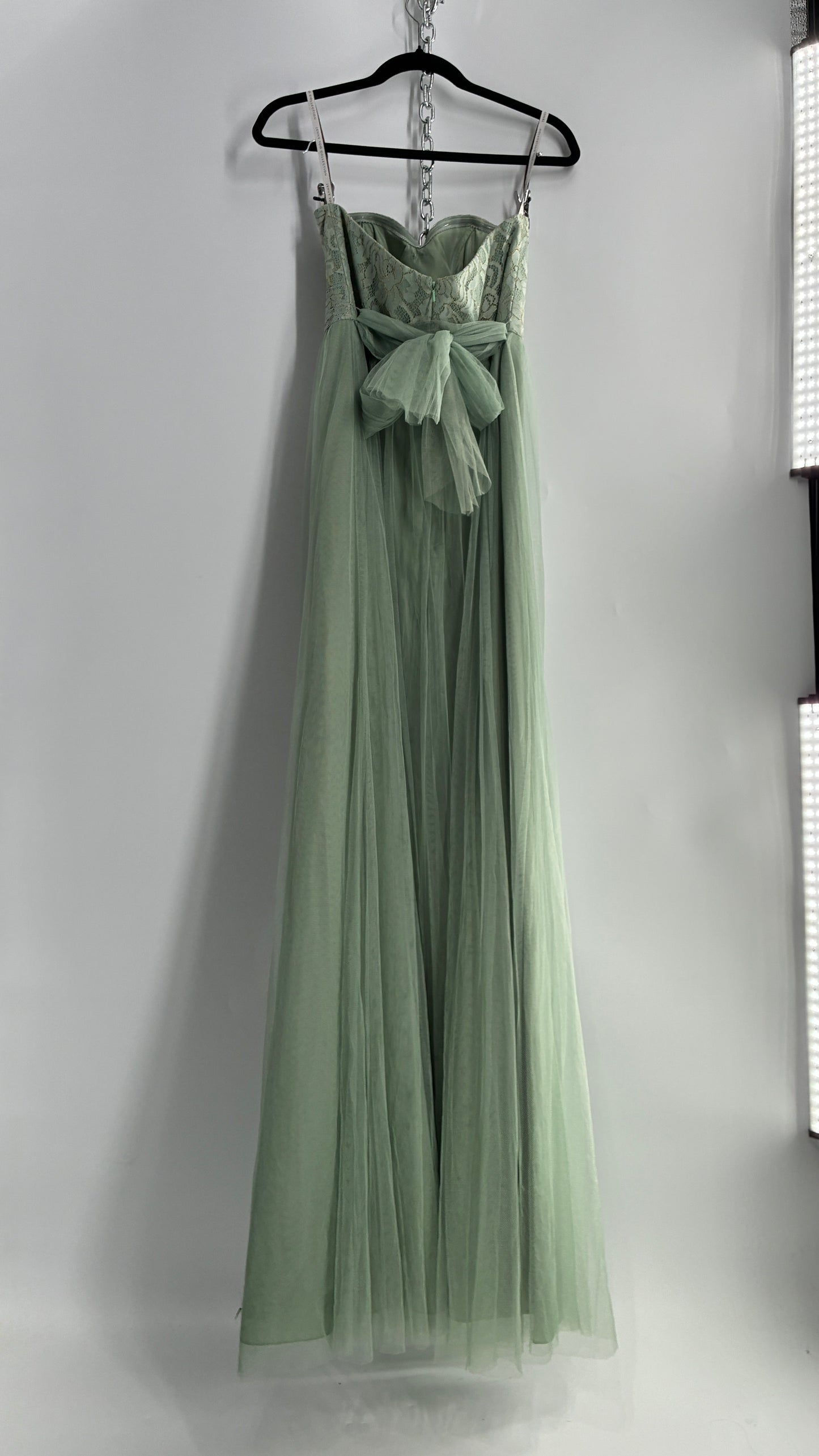 Jenny Yoo Seafoam Green Tulle Full Length Dress with Lace Corset Bodice (8)