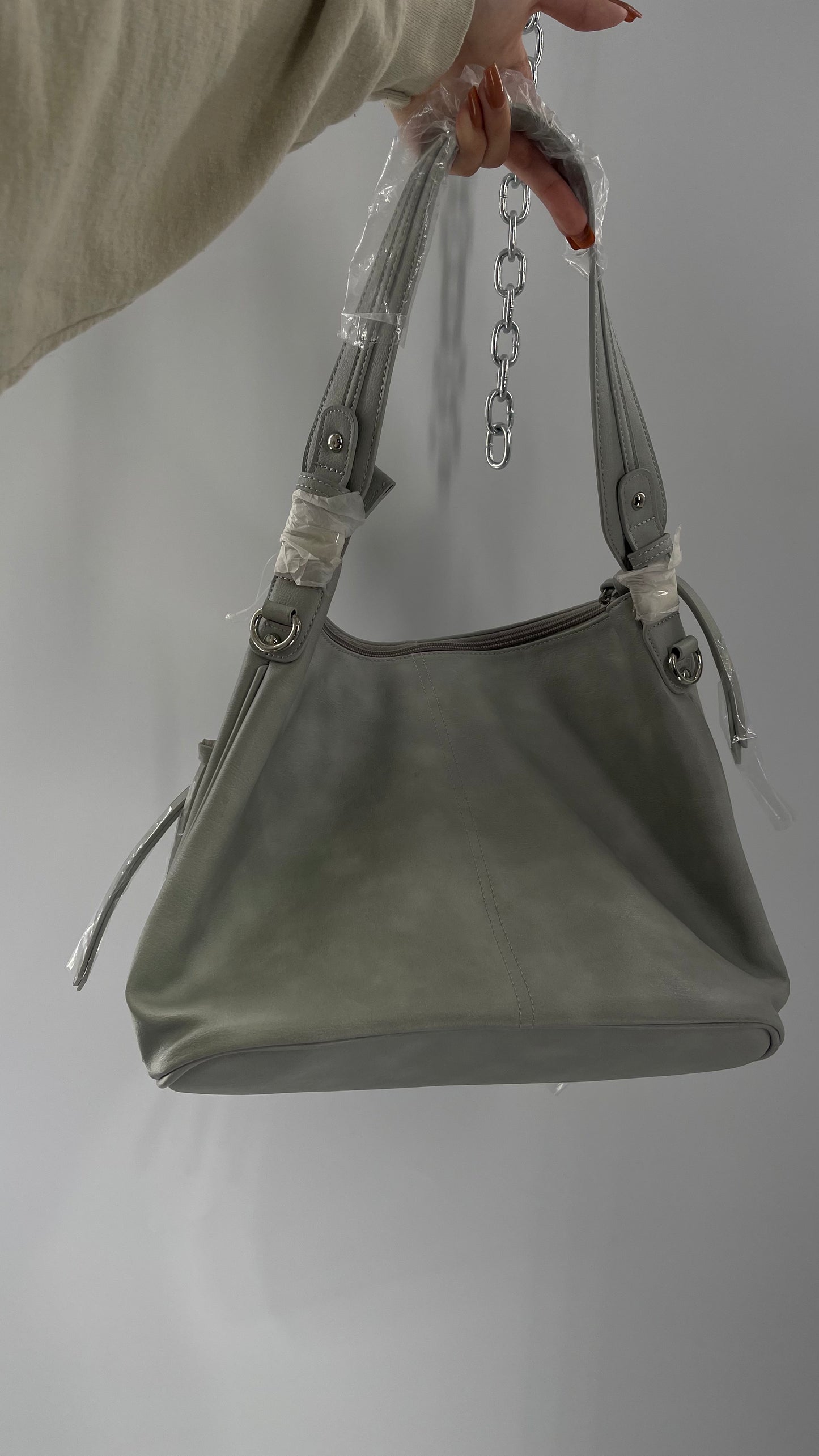 Free People Grey Leather Bag with Heavy Silver Metal Detailing, Pockets and Extra Strap