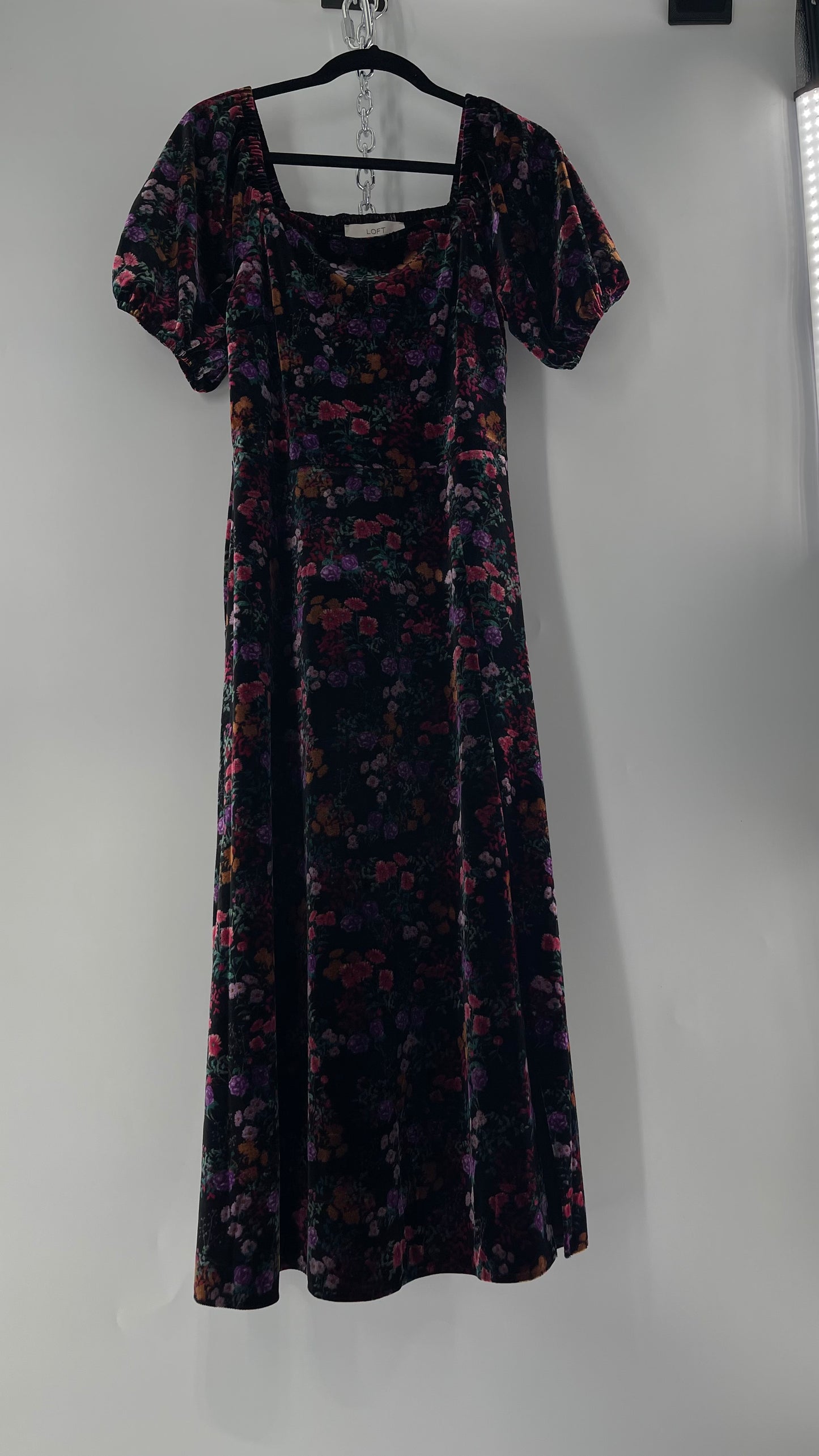 LOFT Velvet Dark Floral Full Length Dress with Puff Sleeves and Smocked Back with Tags Attached (8)