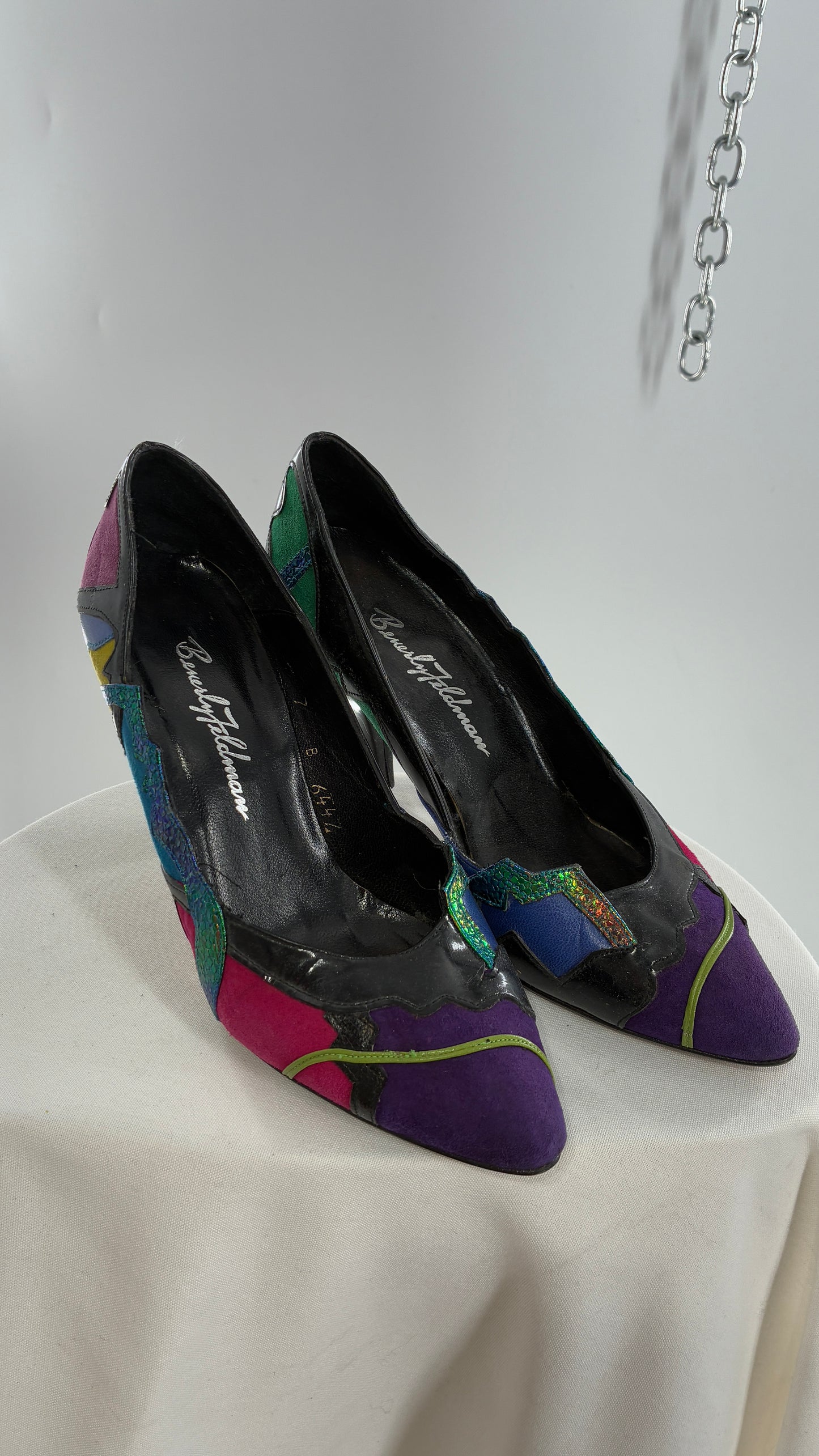 Vintage Beverly Feldman 1980s Retro, Abstract, Color Block and Iridescent Curved Heels (7)