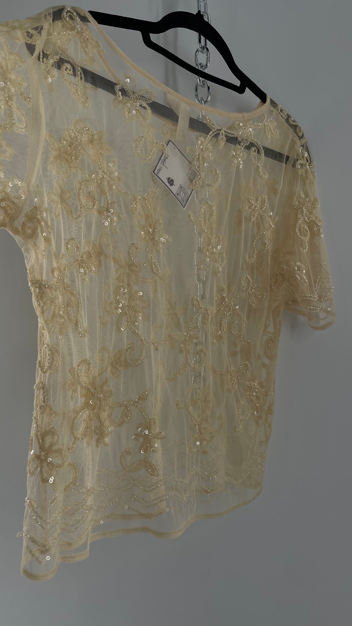 Vintage Forever 21 Baby Yellow Beaded Mesh T Shirt (Large)
