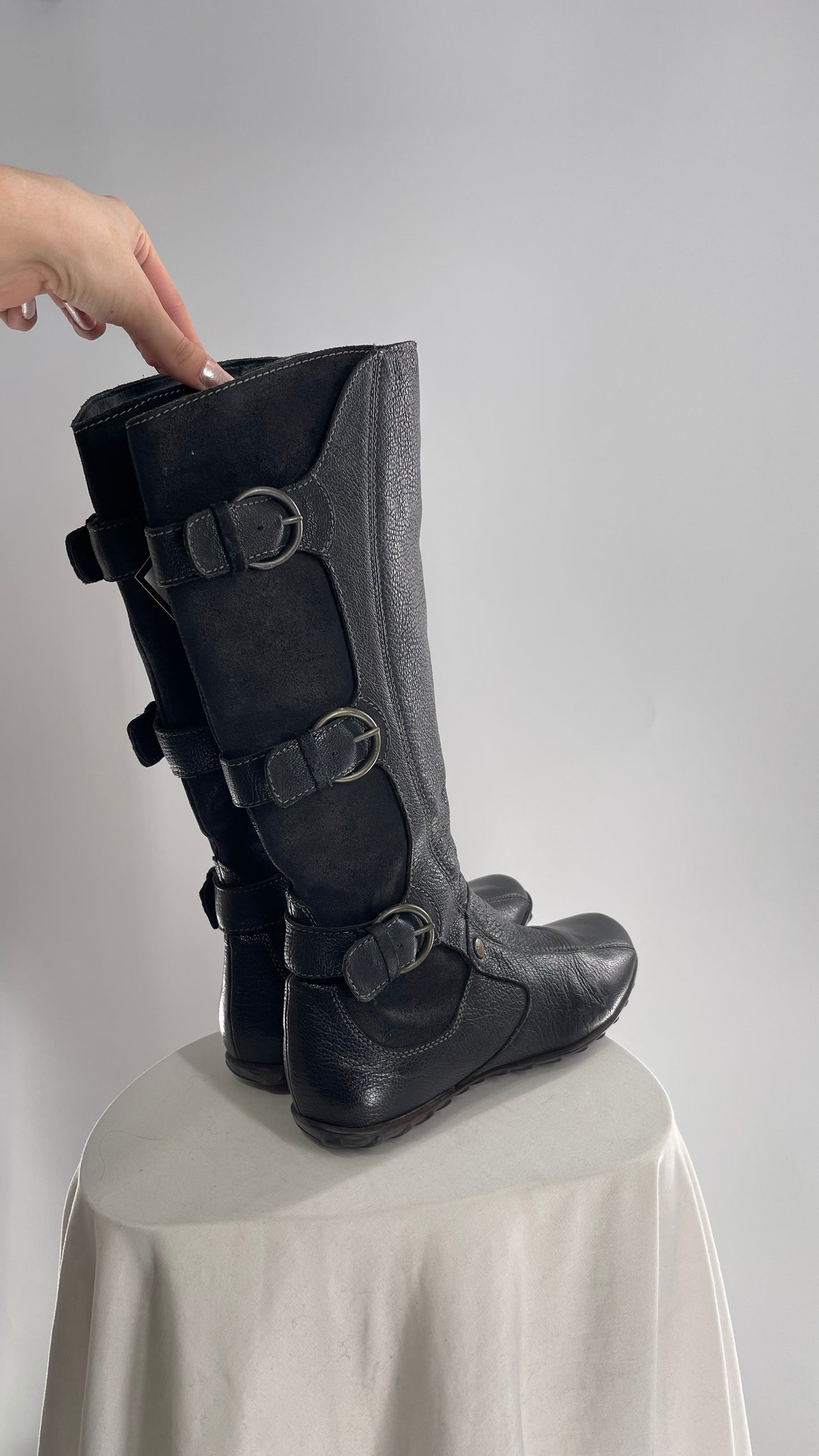 GEOX Black Leather Buckle Knee High Boots