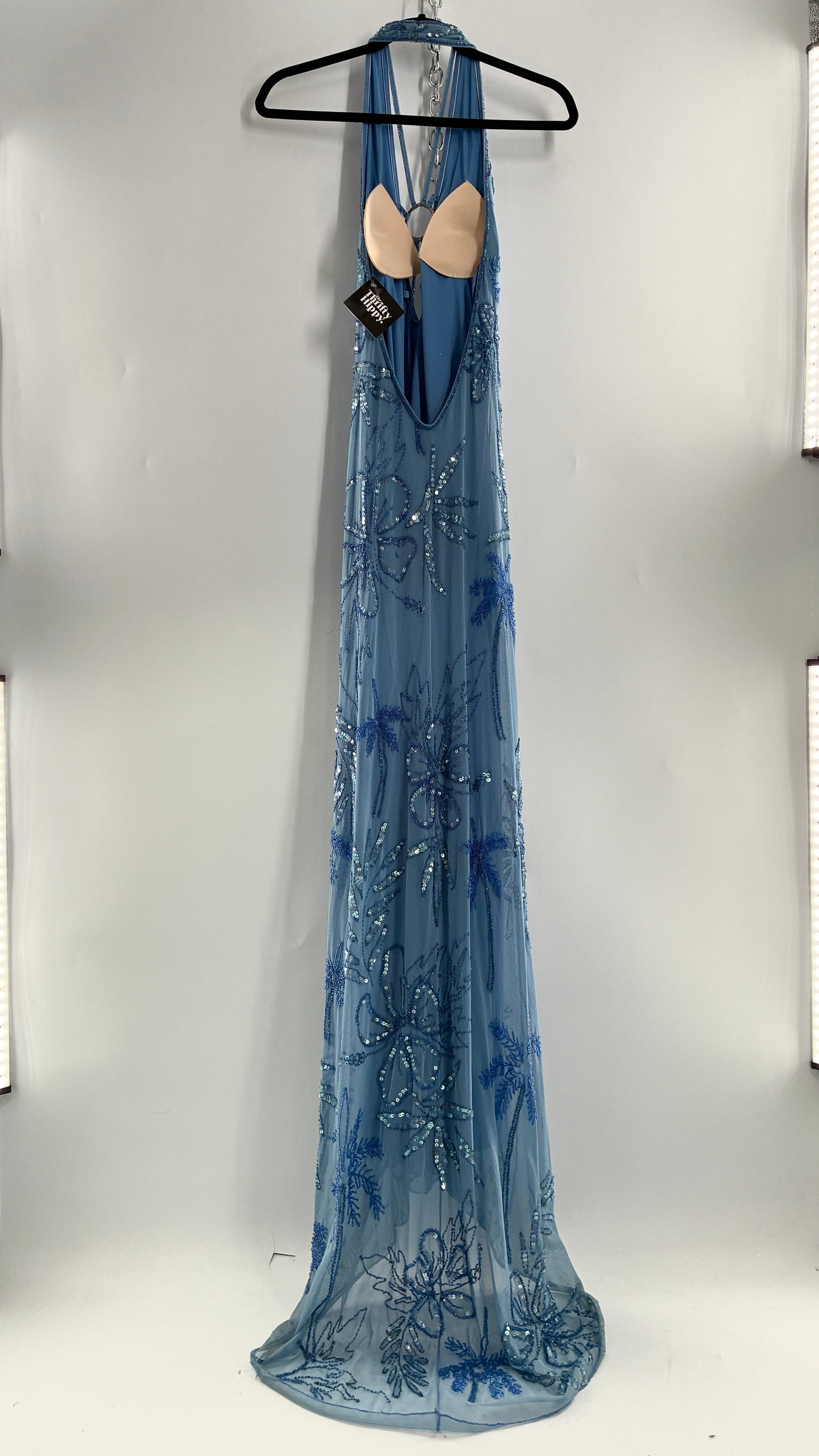 Vintage 1990s Powder Blue Gown Covered in Beaded Appliqué Tropical Designs with Strappy Bust and Low, Open Back (S/M, stretchy no size marked)