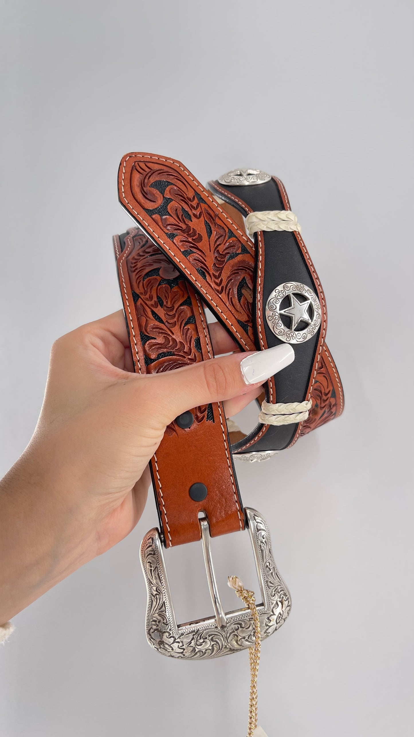 Vintage Ranger Belt Company Genuine Handtooled Leather Metal Stars Embellishments (36)