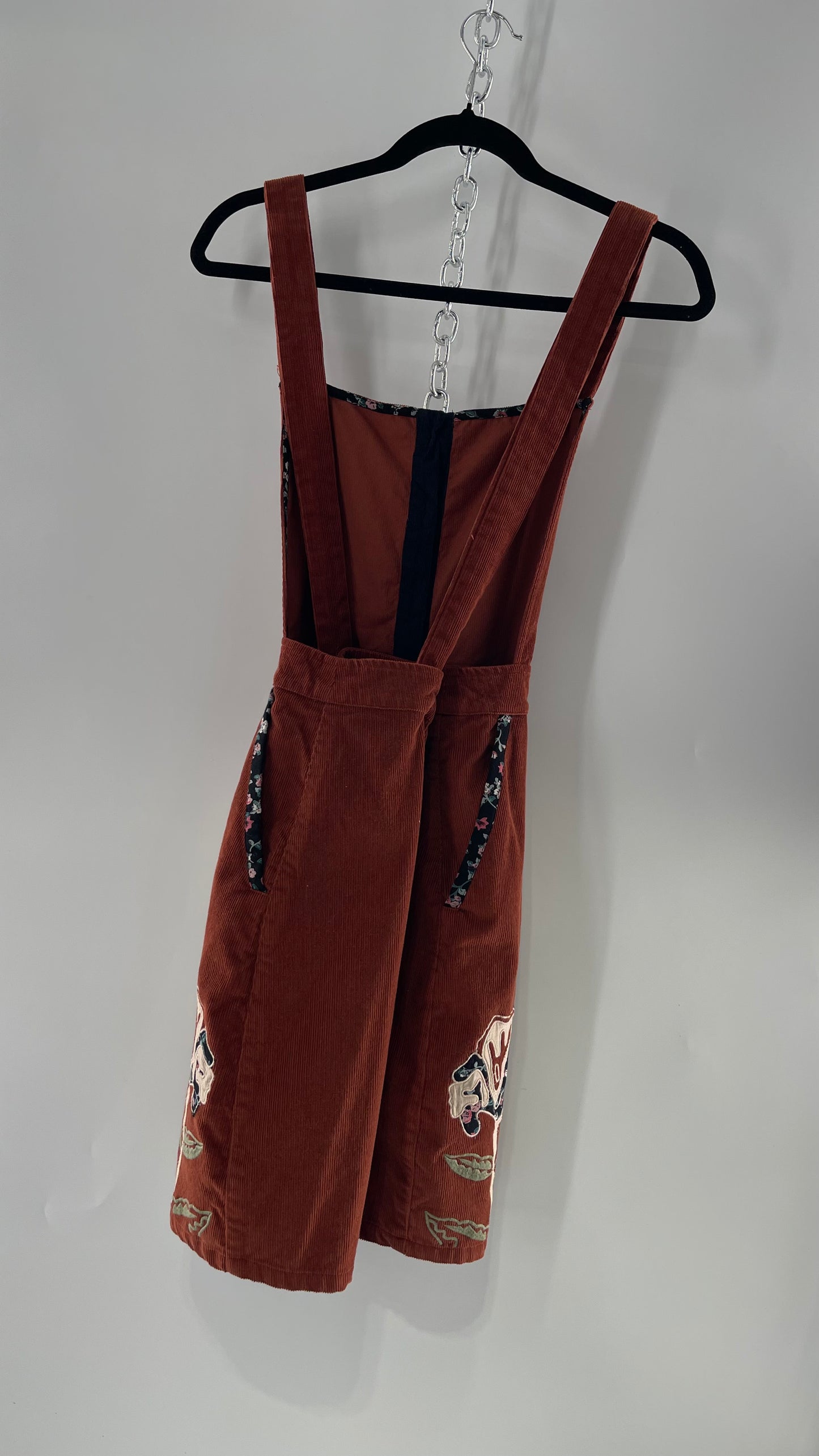 Seen. Worn. Kept. Anthropologie Terracotta Burnt Orange Corduroy Overall Dress with Embroidered Flower Details (S)