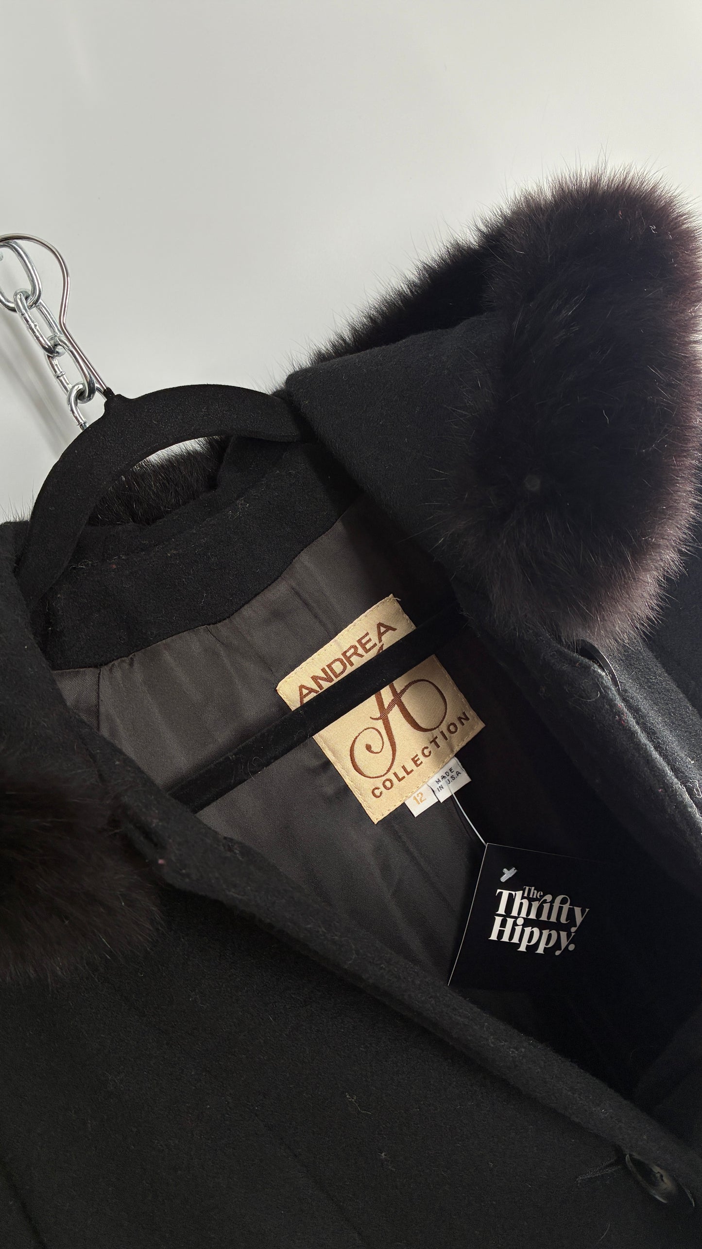 Vintage ANDREA COLLECTION Black Wool Blend Full Length Coat with Fur Trim Hood (12)