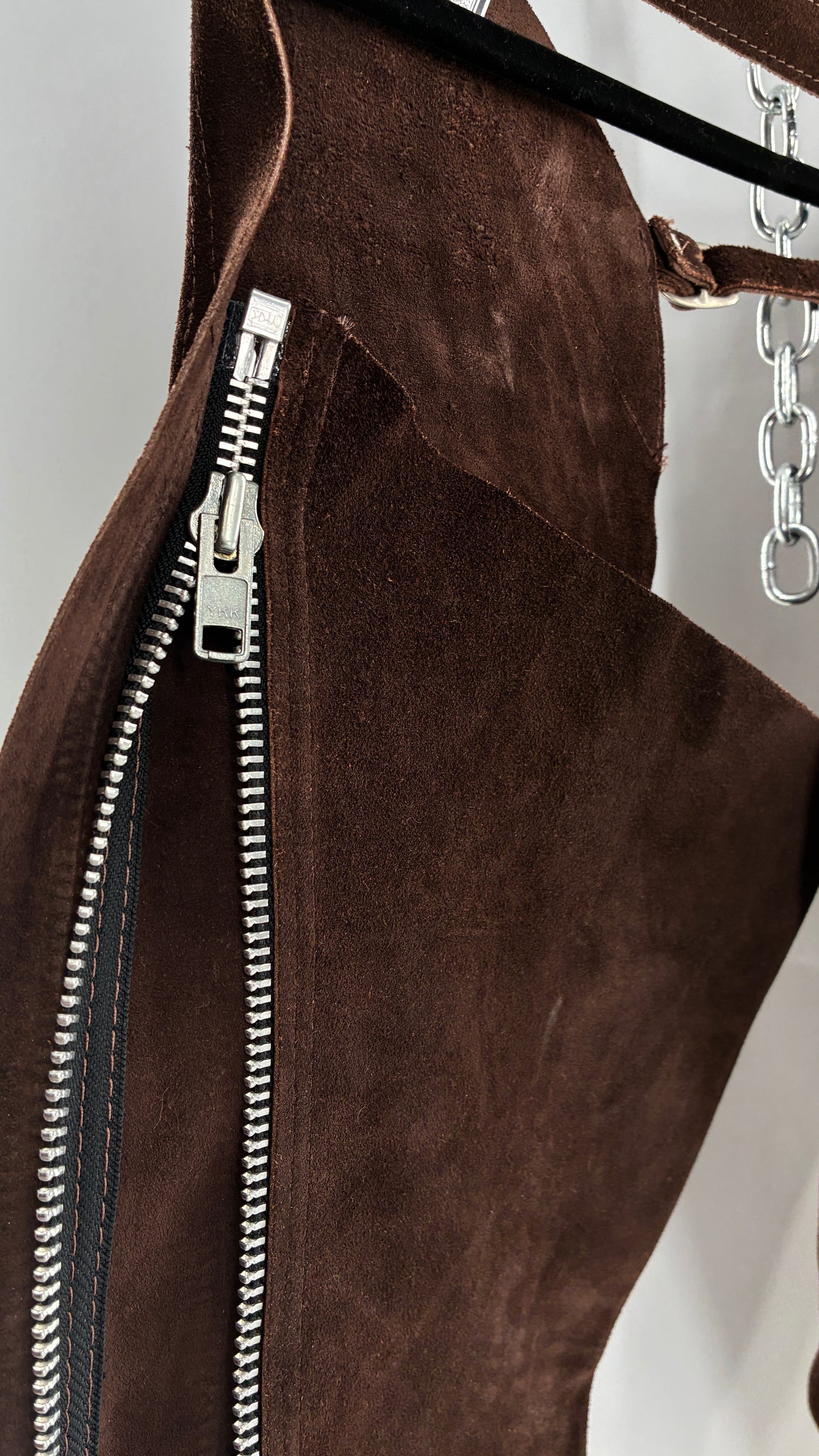 Vintage Chocolate Brown Genuine Suede Leather Chaps with Heavy Duty Side Zipper Detail (XS)