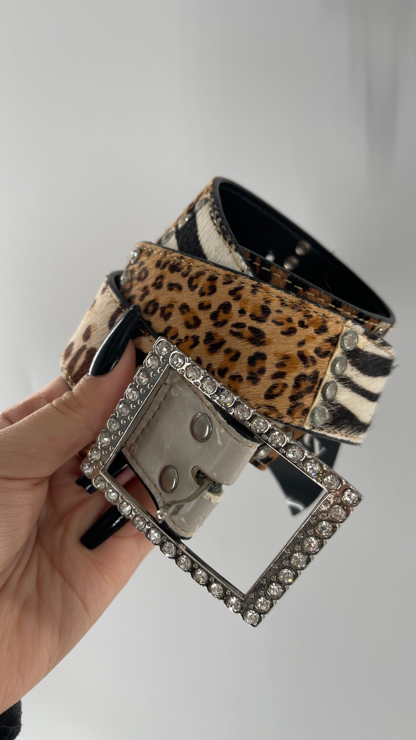 Vintage Pony Fur Animal Print Patchwork Belt with Rhinestone Buckle and Embellishments (Medium)