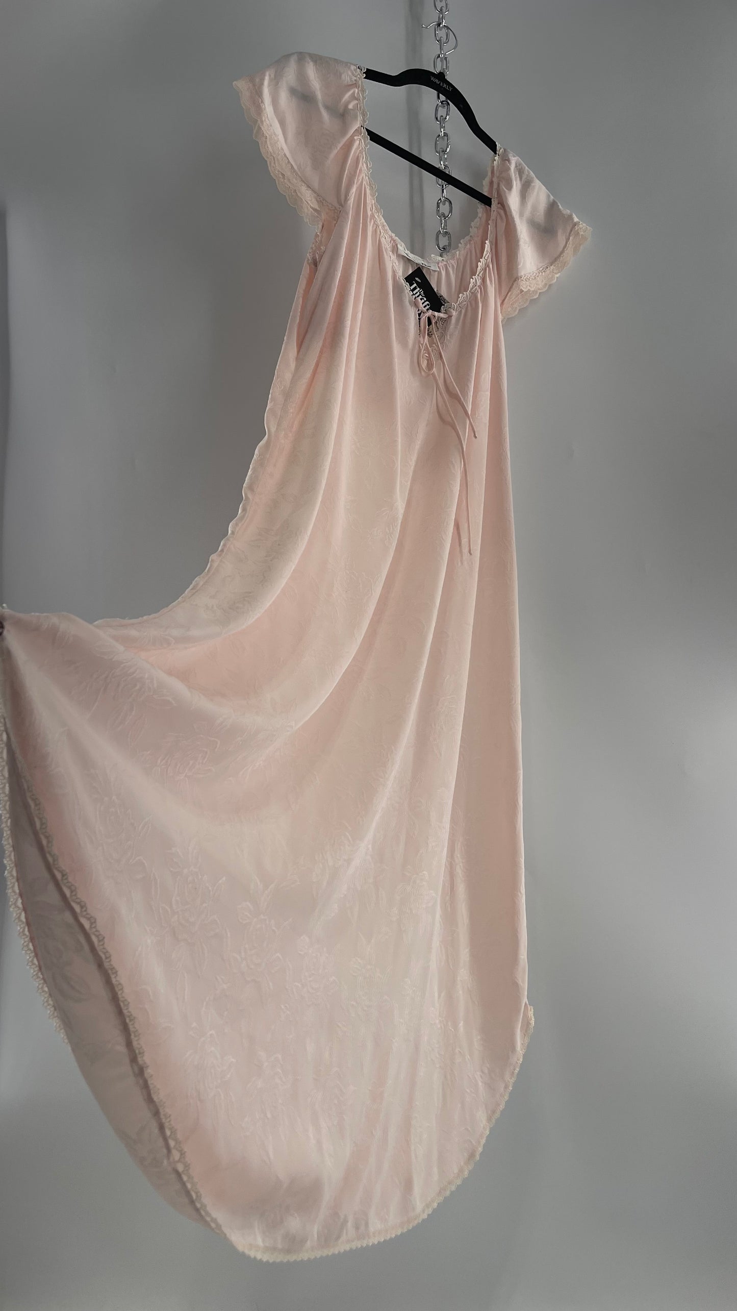 Vintage Christian Dior Pink Night Gown/ Maxi Dress with Floral Embossed Design, Lace Trim and Rosettes (Large)