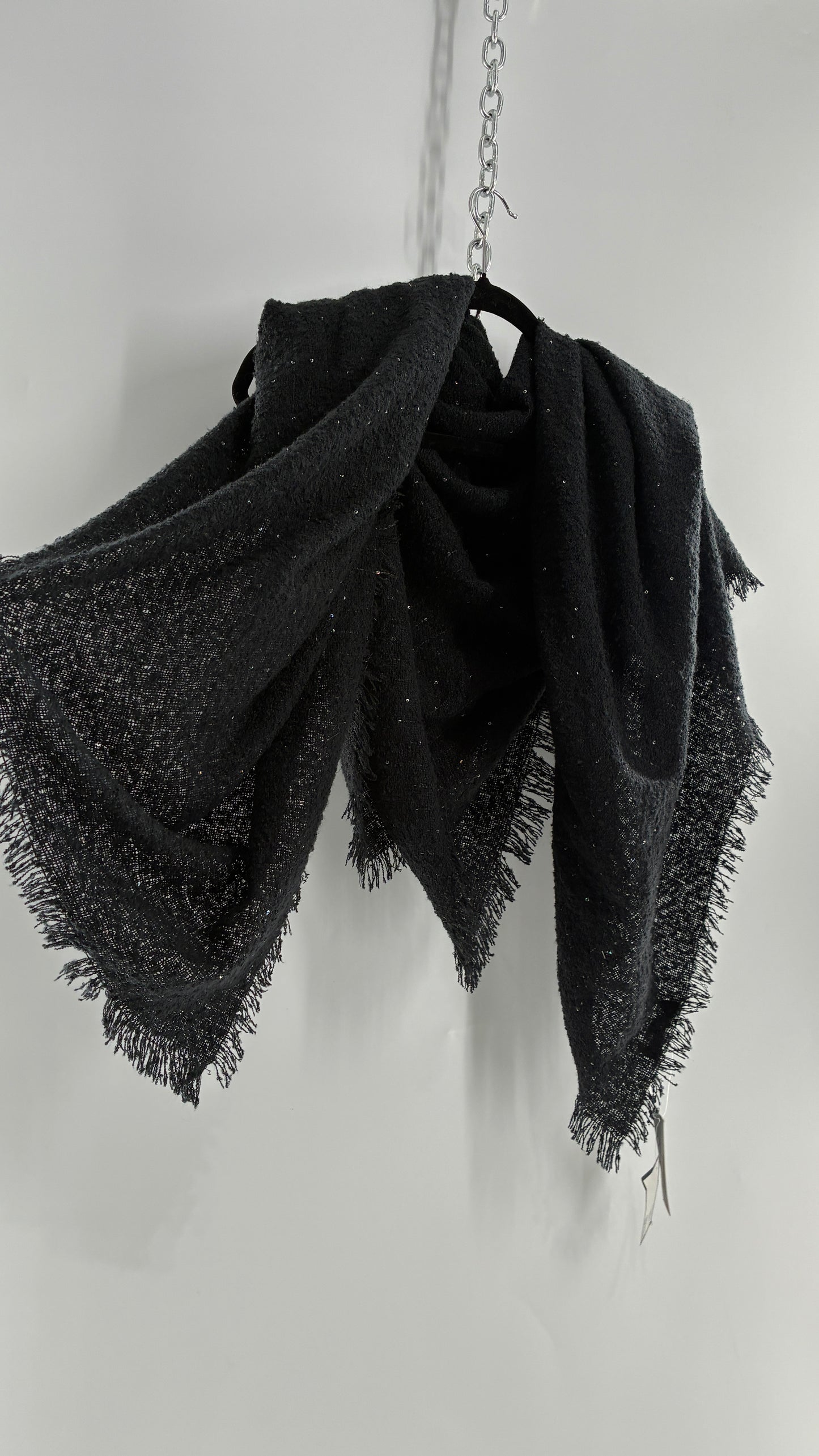 Vintage Marcus Adler Black Fringed Scarf with Iridescent Sequins and Tags