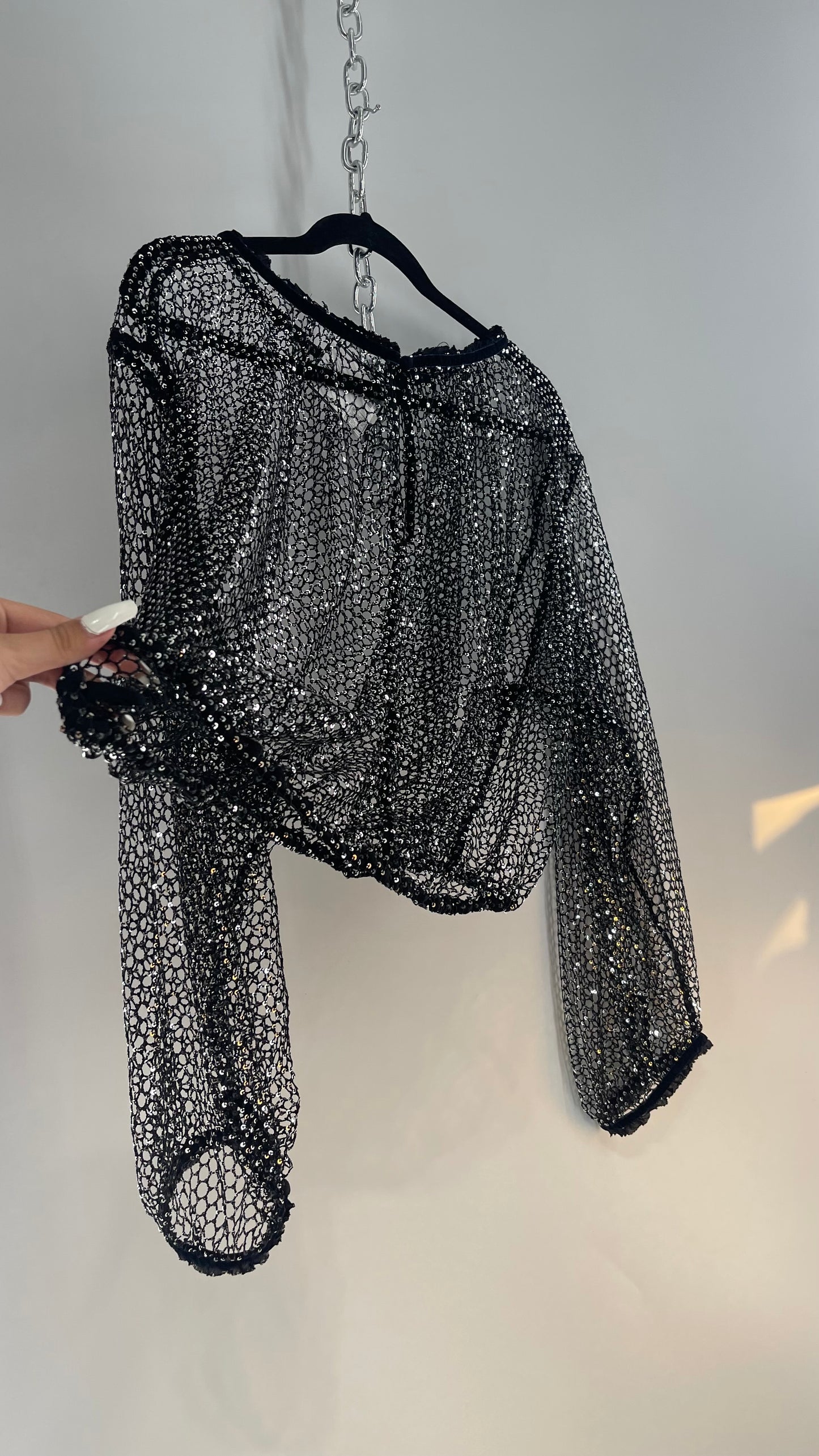 Free People Disco Black Mesh Blouse with Velvet Ribbon Trim (S/M)