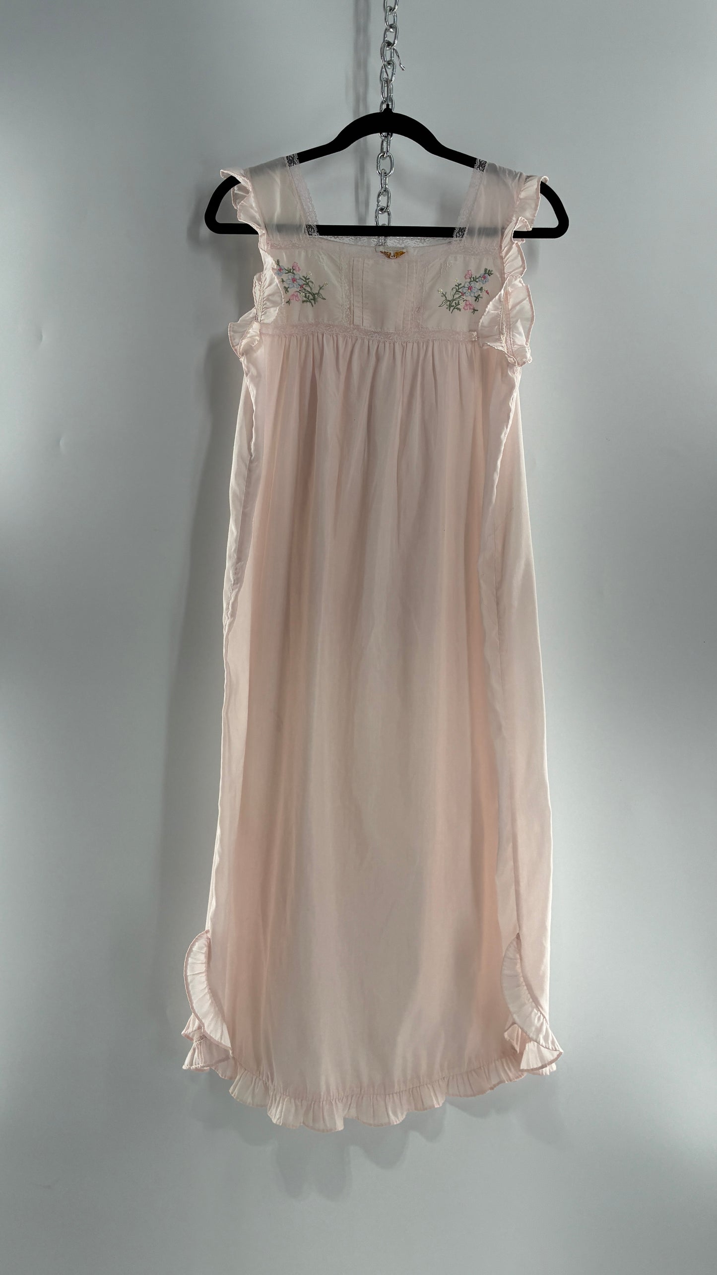 Vintage Barbarie Baby Pink Nightgown Style Dress with Embroidered Florals and Ruffled Straps