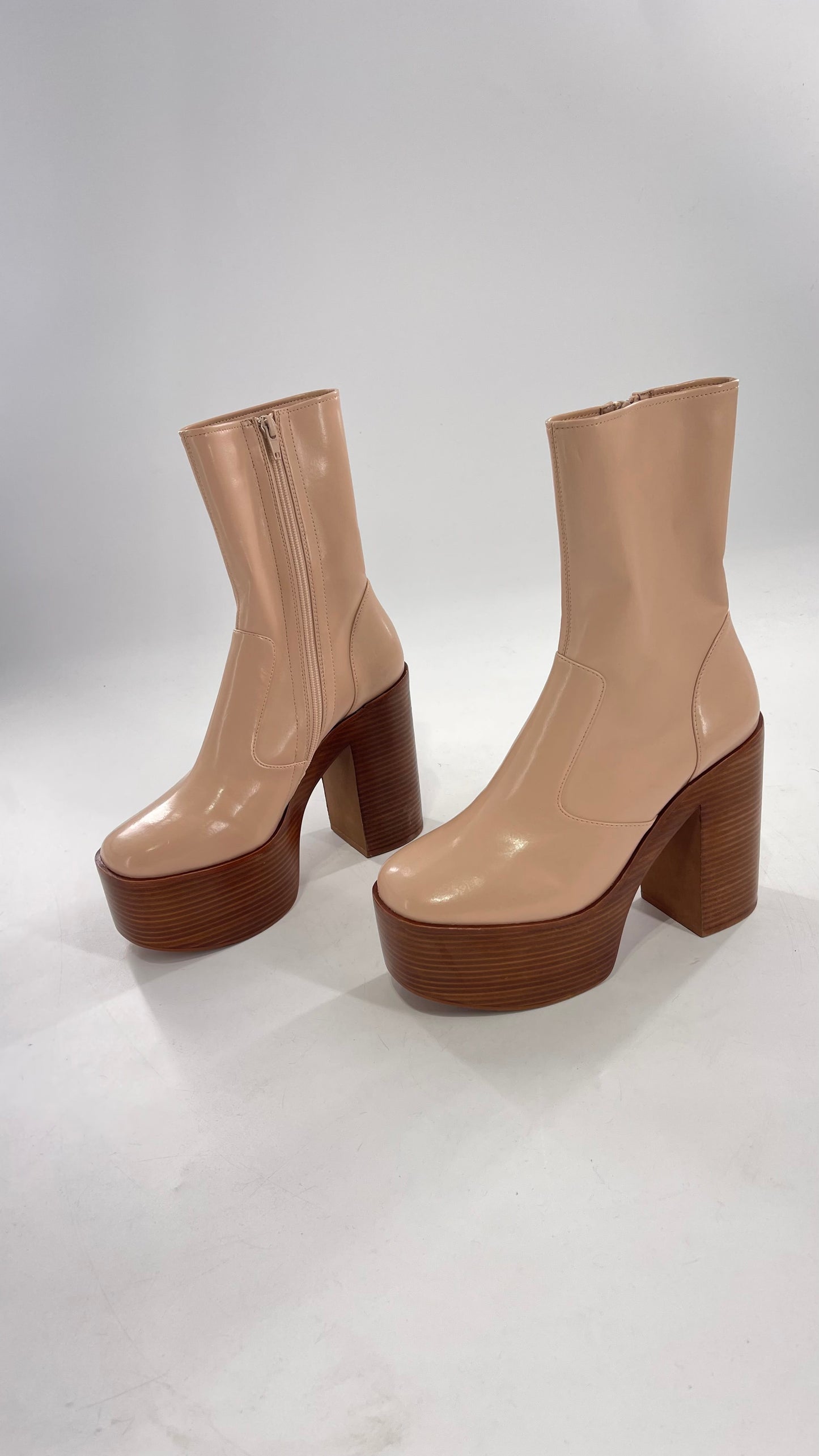 Free People X Jeffrey Campbell Mexique GoGo Boots • Beige Patent Boot with Wood Grain Chunky Block Heel and Platform (9)
