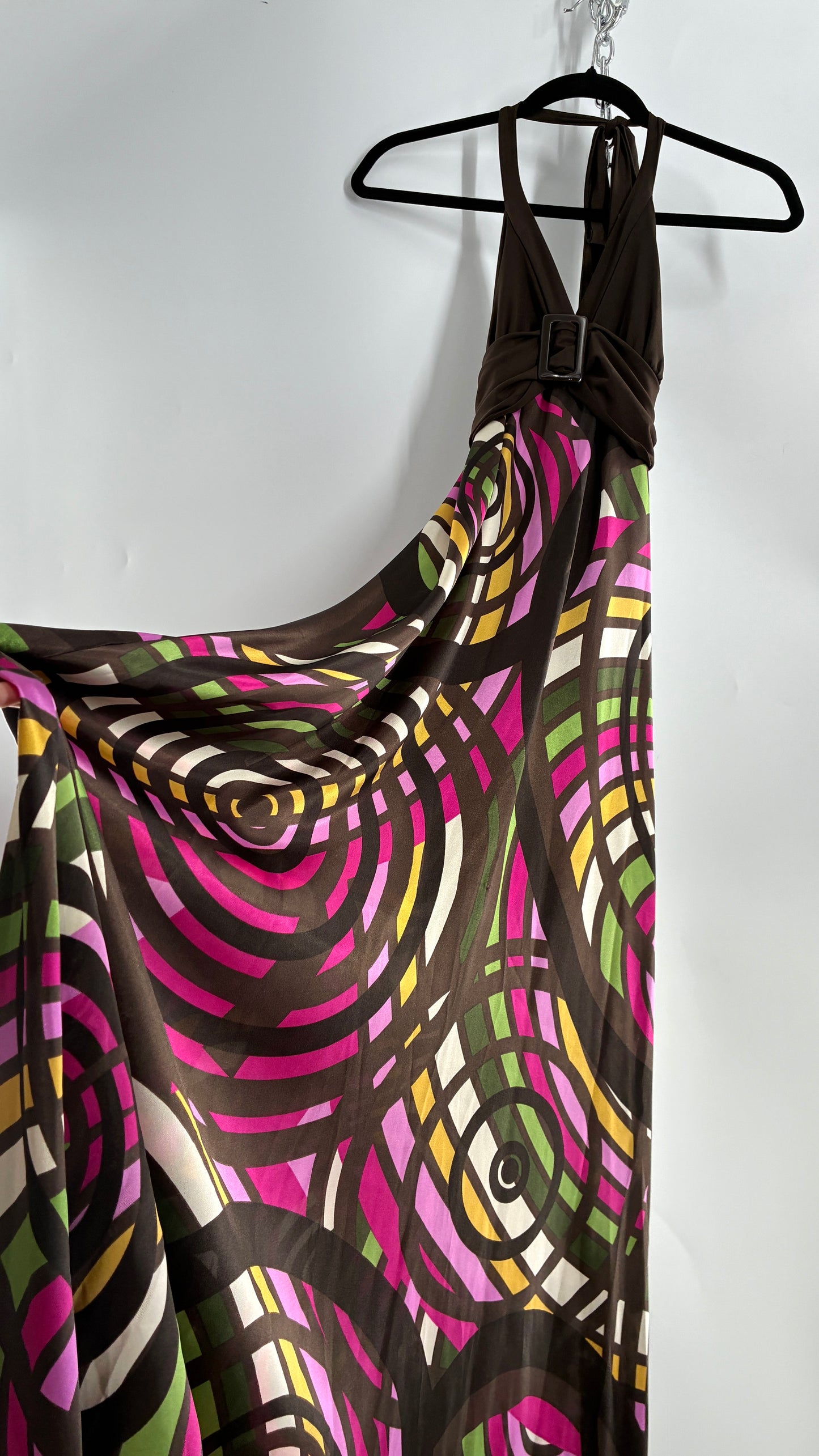 Vintage Candies Brown Patterned Gown with Belted Bust and Halter Neckline (Medium)