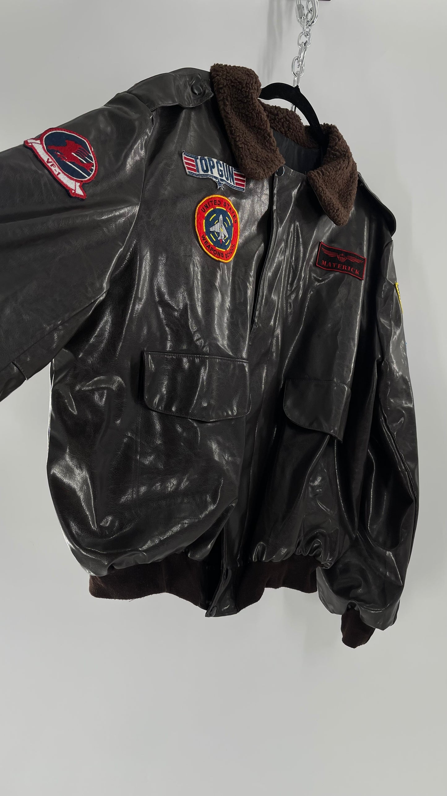 Vintage Dark Brown Top Gun Bomber Jacket with Patches and Teddy Sherpa Collar (Large)