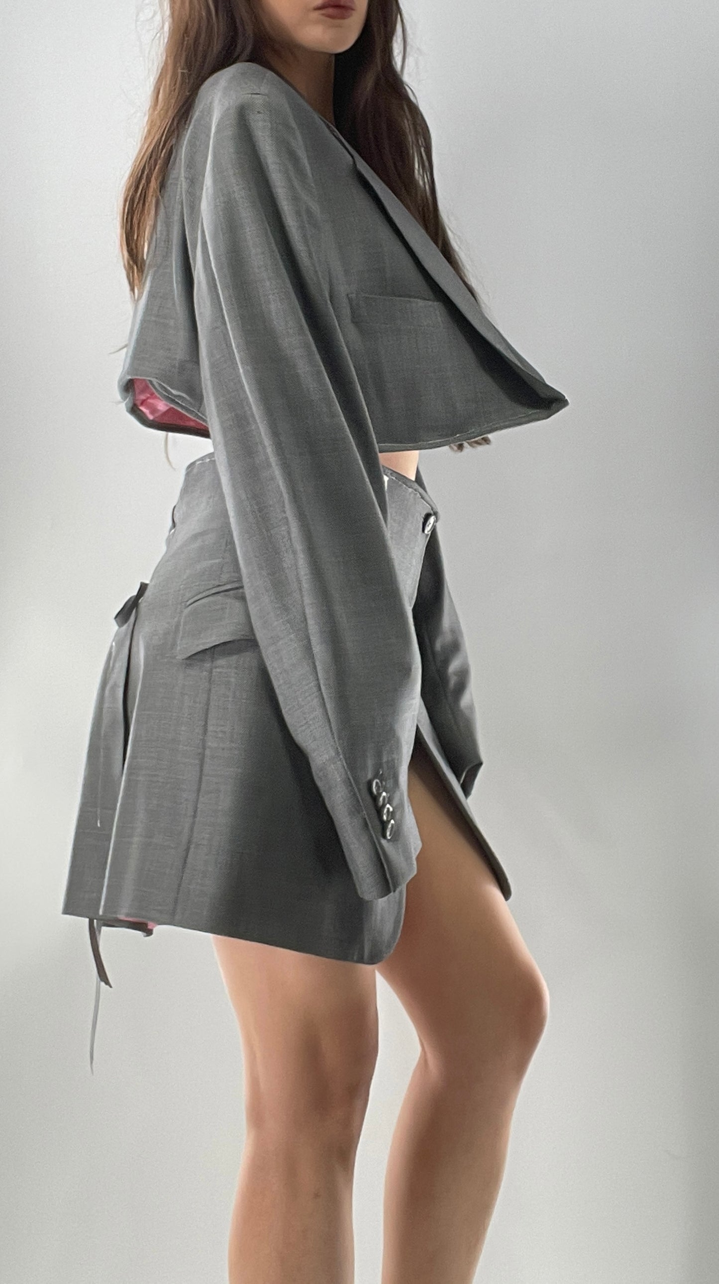 Custom Handmade Gray 2Piece Suit Set with Pink Satin Lining, Cropped Blazer, and Corseted Skirt (S-L)