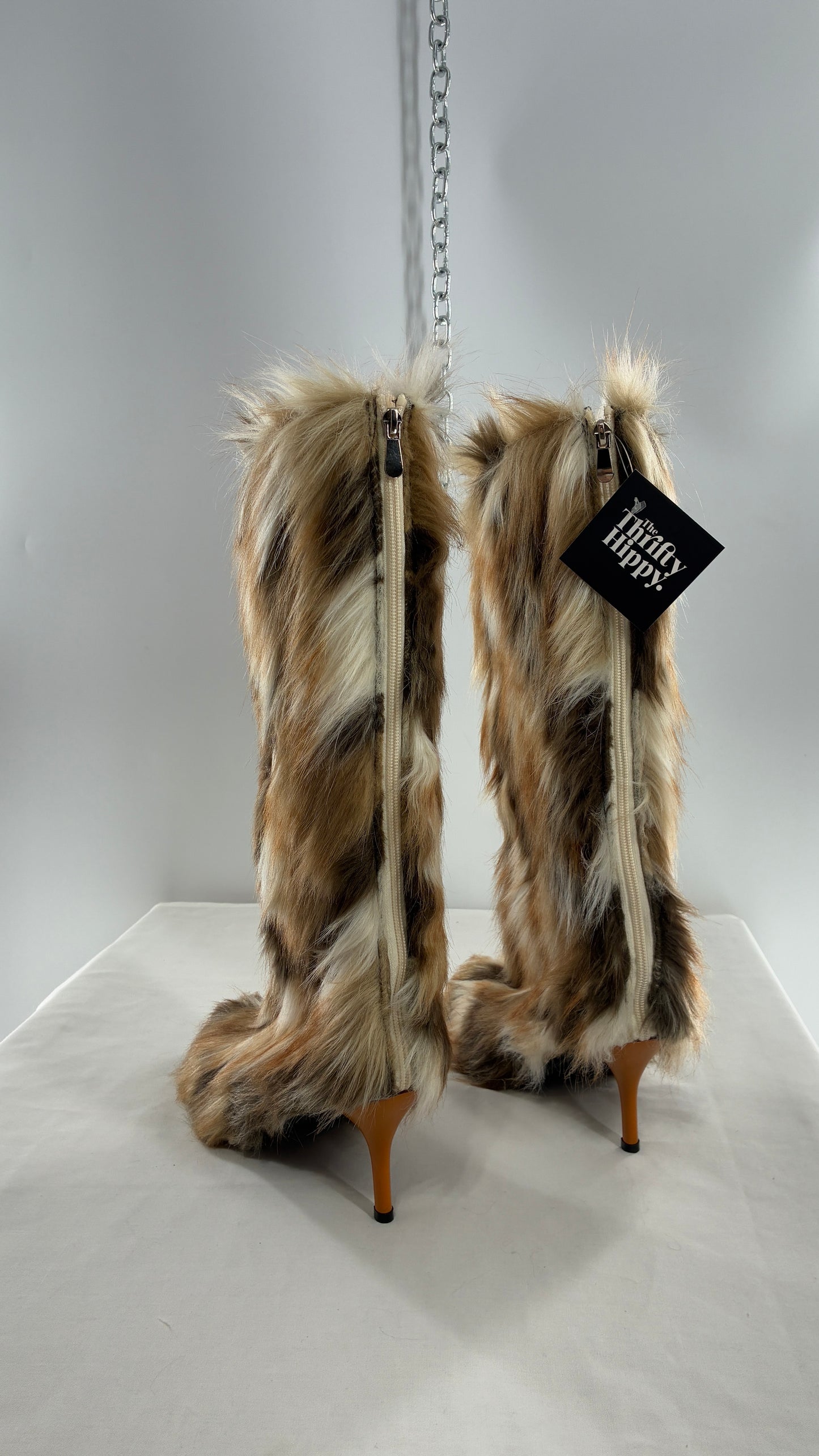 Vintage Mixed Tone Vegan Fur, Knee High, Pointed Toe Boots (43)
