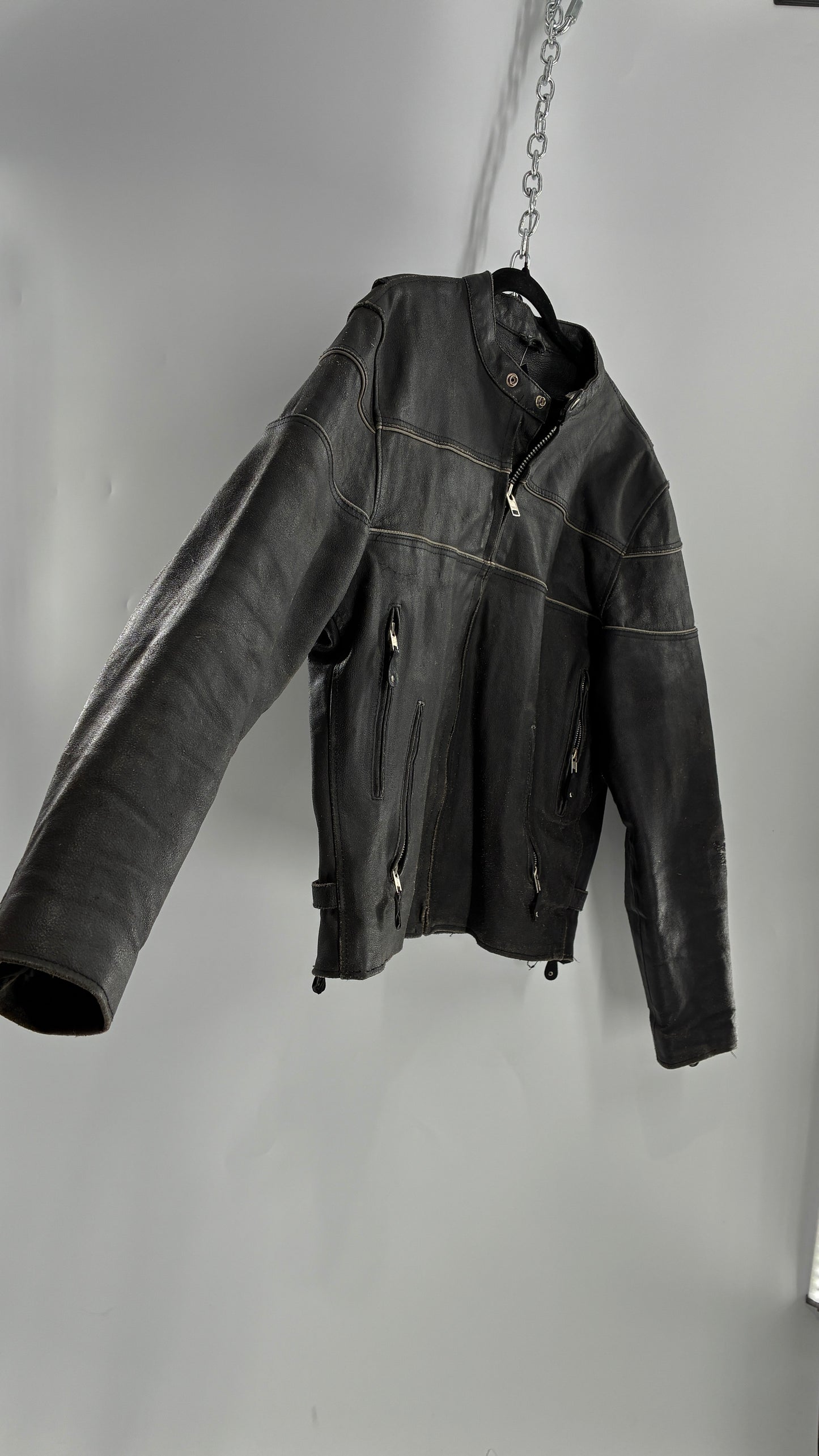 Vintage Distressed Genuine Leather Motorcycle Jacket with Zippered Pockets, Cuffs, and Sides (Large)