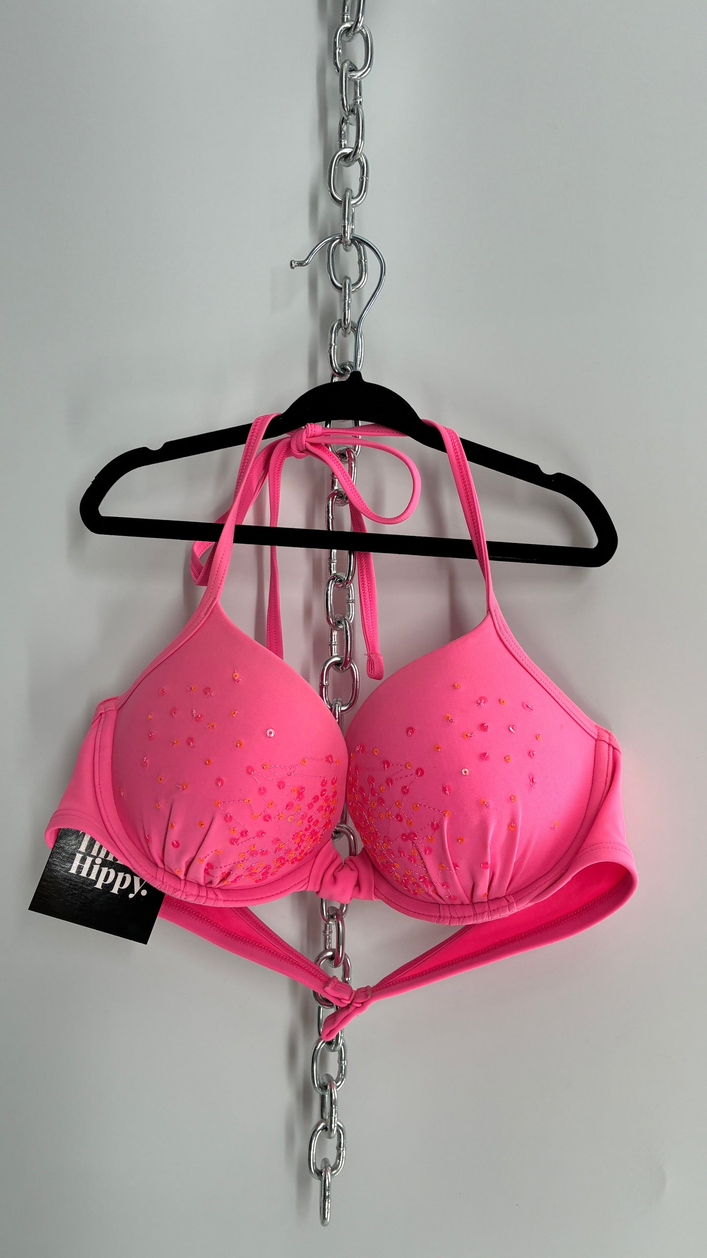 AERIE Pink Underwire Halter Bikini Top with Sequin Details (36B)