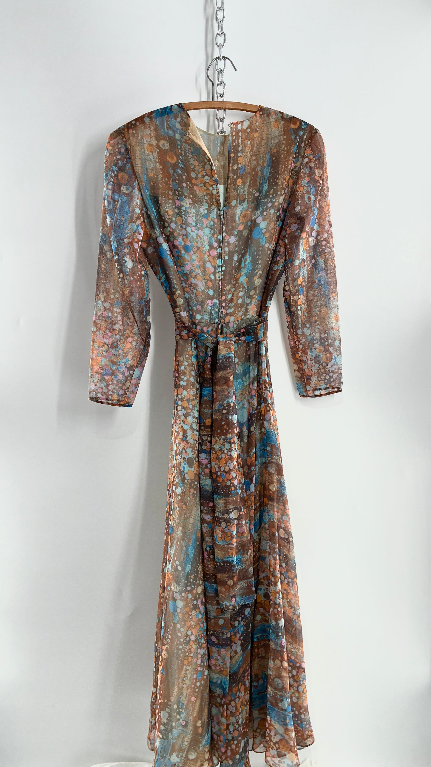 Vintage 1970s HELEN BASS Brown, Orange, Blue Voluminous Maxi Dress (S)