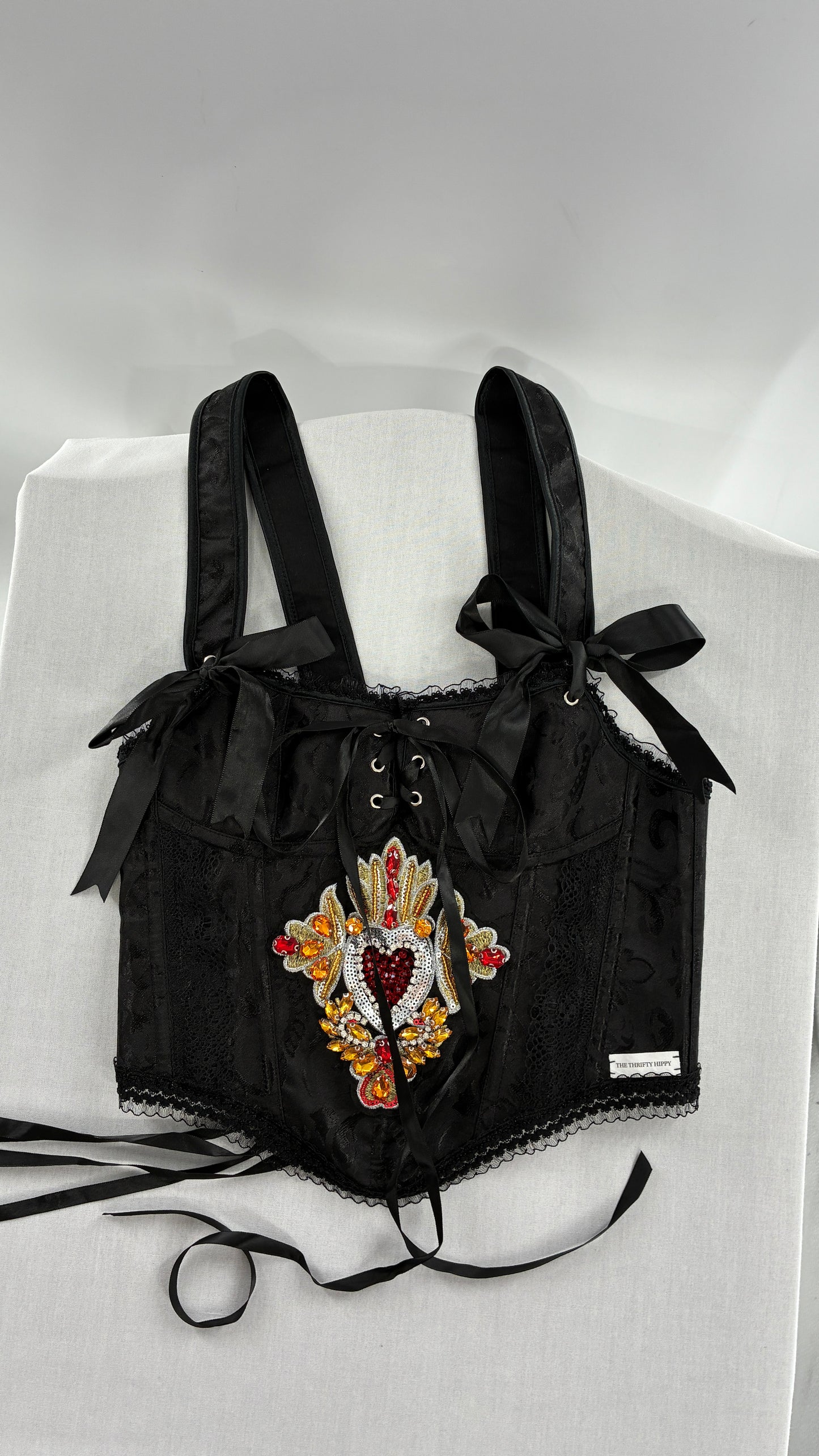 Custom Black Jacquard Corset, Handmade with Heart Appliqué, Bows, Embroidery, Gemstones, Lace and Ruffles (S/M)