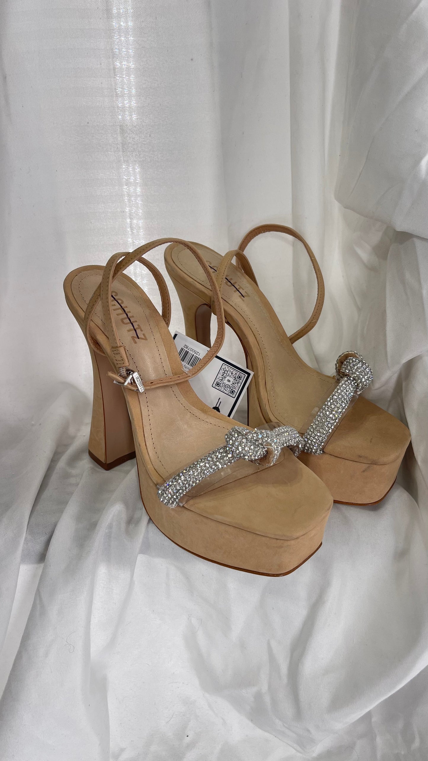 SCHÜTZ Peaky Beige/Tan/Nude Platform Heel with Funky Heel and Clear Knot Rhinestone Toe Strap (6)