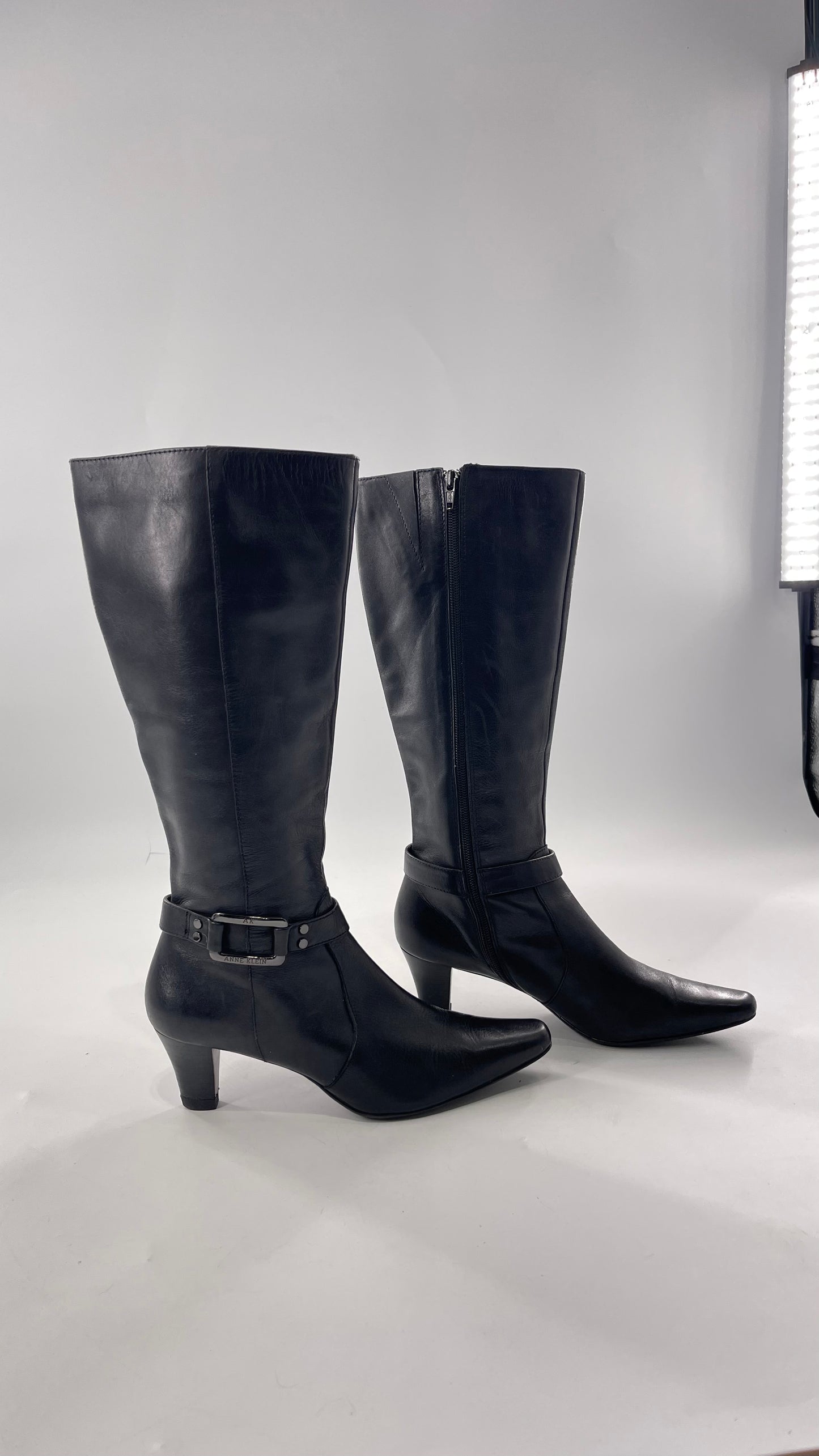 Vintage Black Anne Klein Leather Knee High Boots with Pointed Toe and Ankle Metal Buckle Detail (8)
