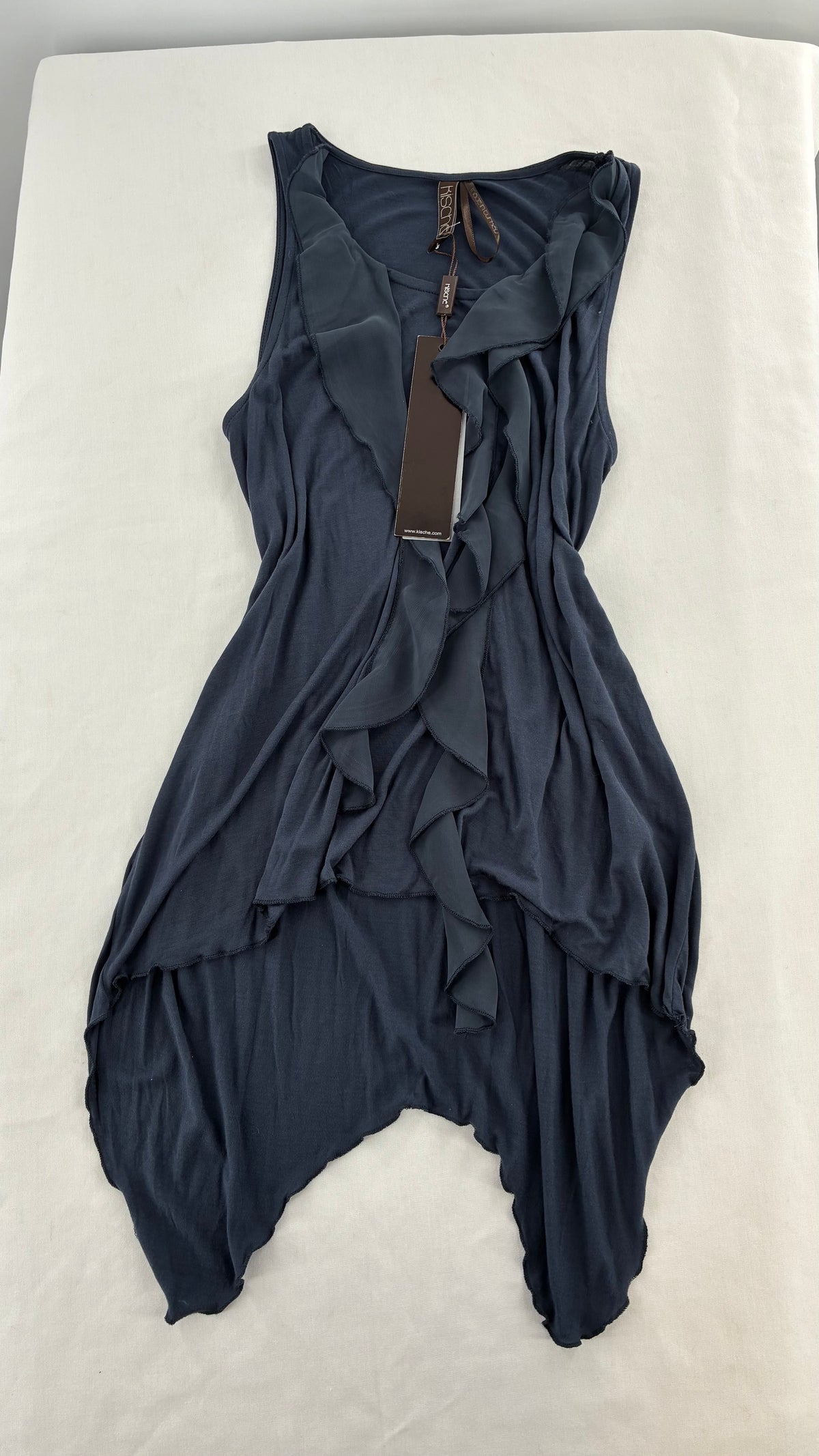 Vintage KISCHE Dusty Navy, Ruffled Handkerchief Hem Tagged Tank (Small)