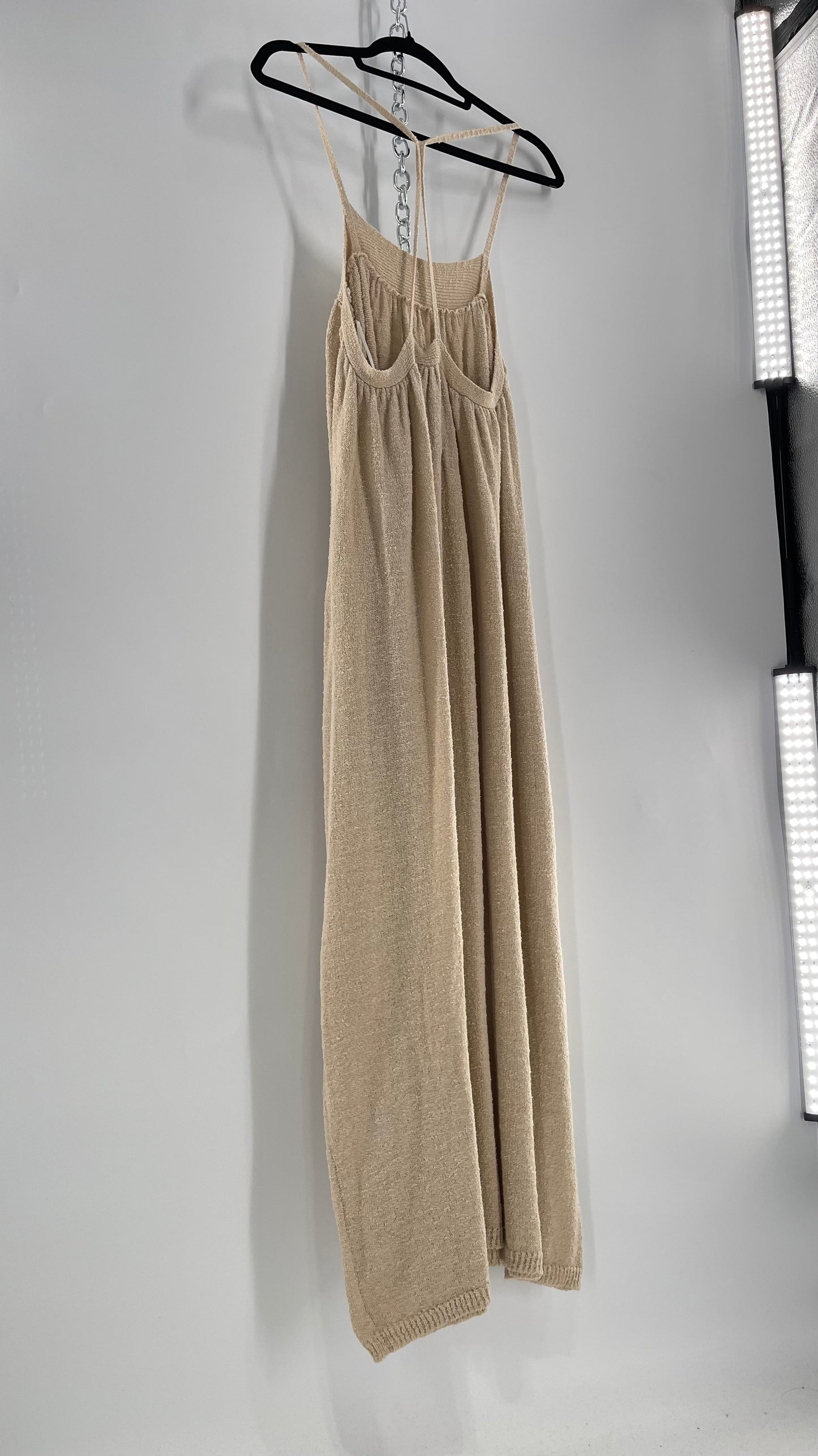 Free People Beach Beige Slinky Halter Textured Maxi Dress