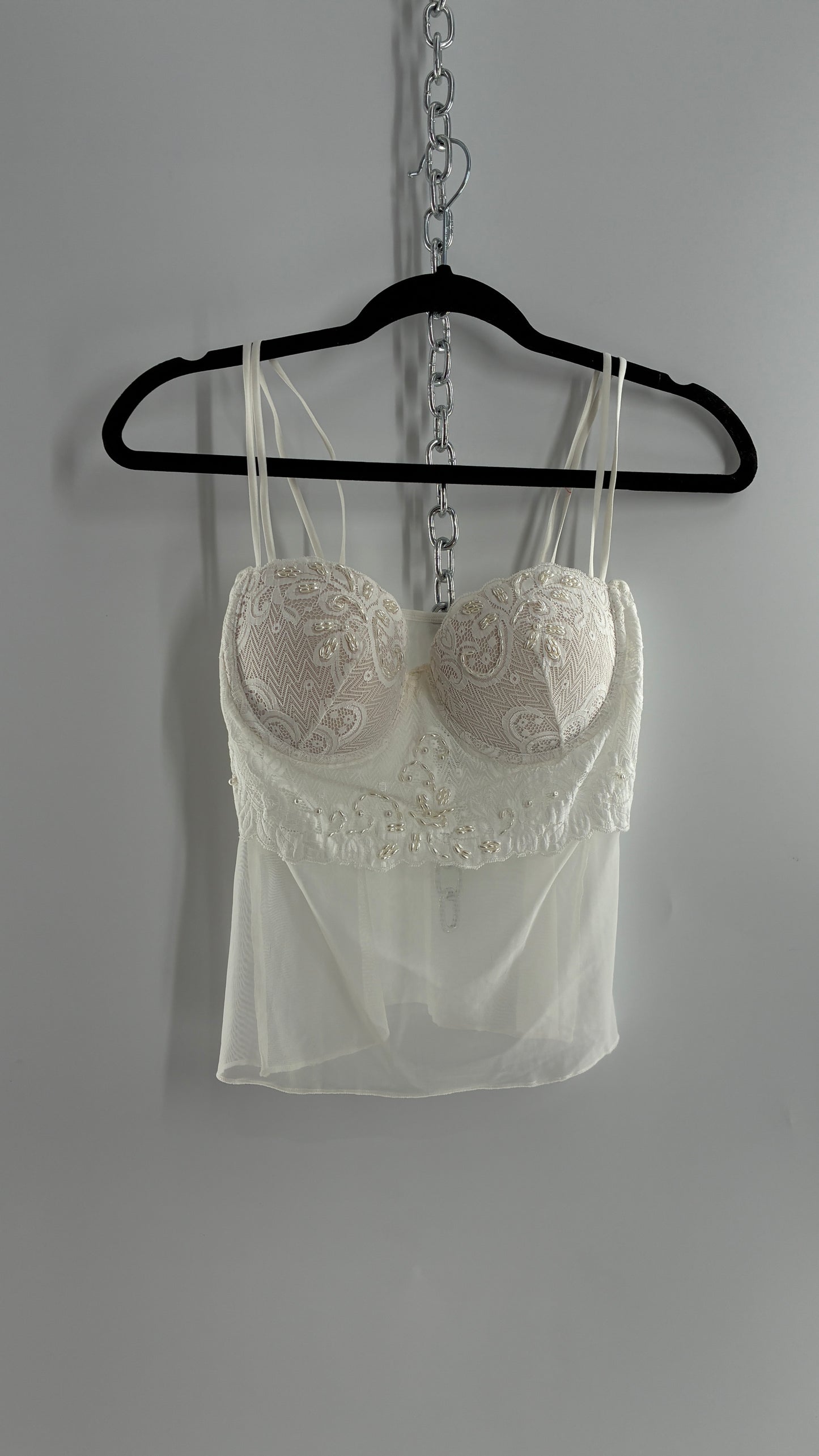 Vintage LA FRESCA White Lace Bustier Babydoll with Mesh Bodice and Beaded Cups/Band (Large)
