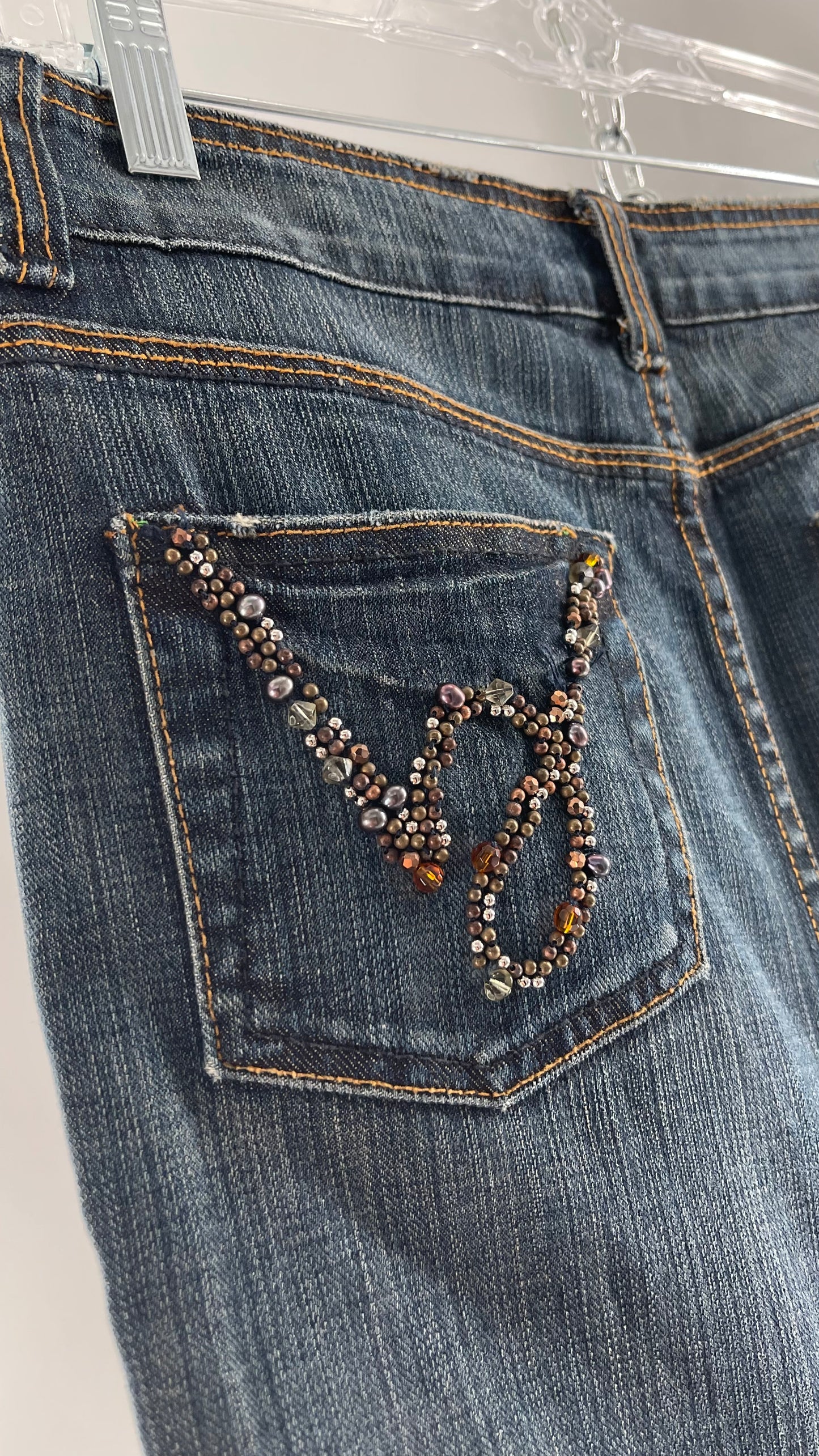 Vintage Stonewash Bebe Denim Long Skirt with Raw Edge Hem and Beaded Back Pocket Detail (27)