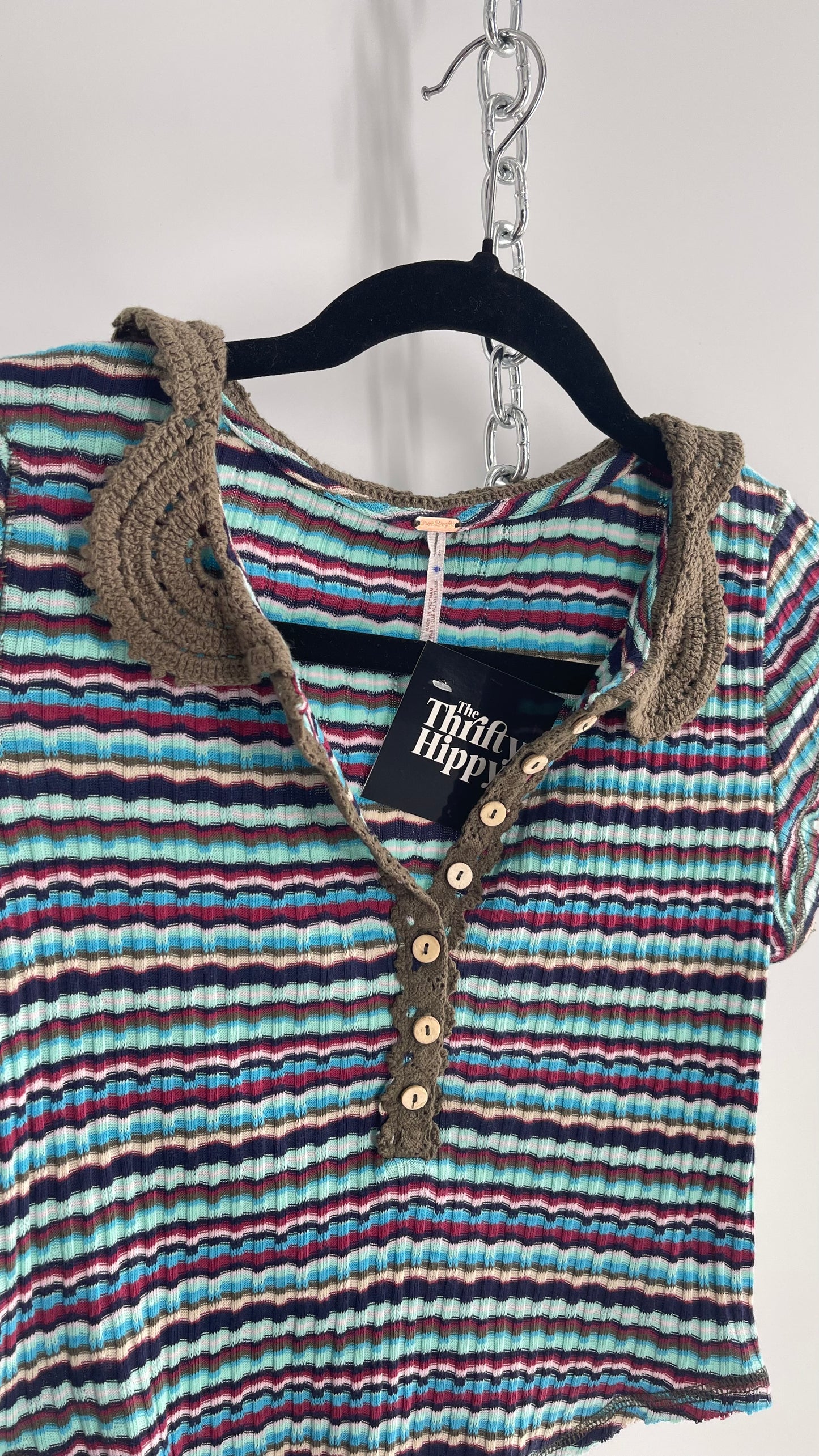 Free People Striped Short Sleeve with Crochet Knit Collar (XS)