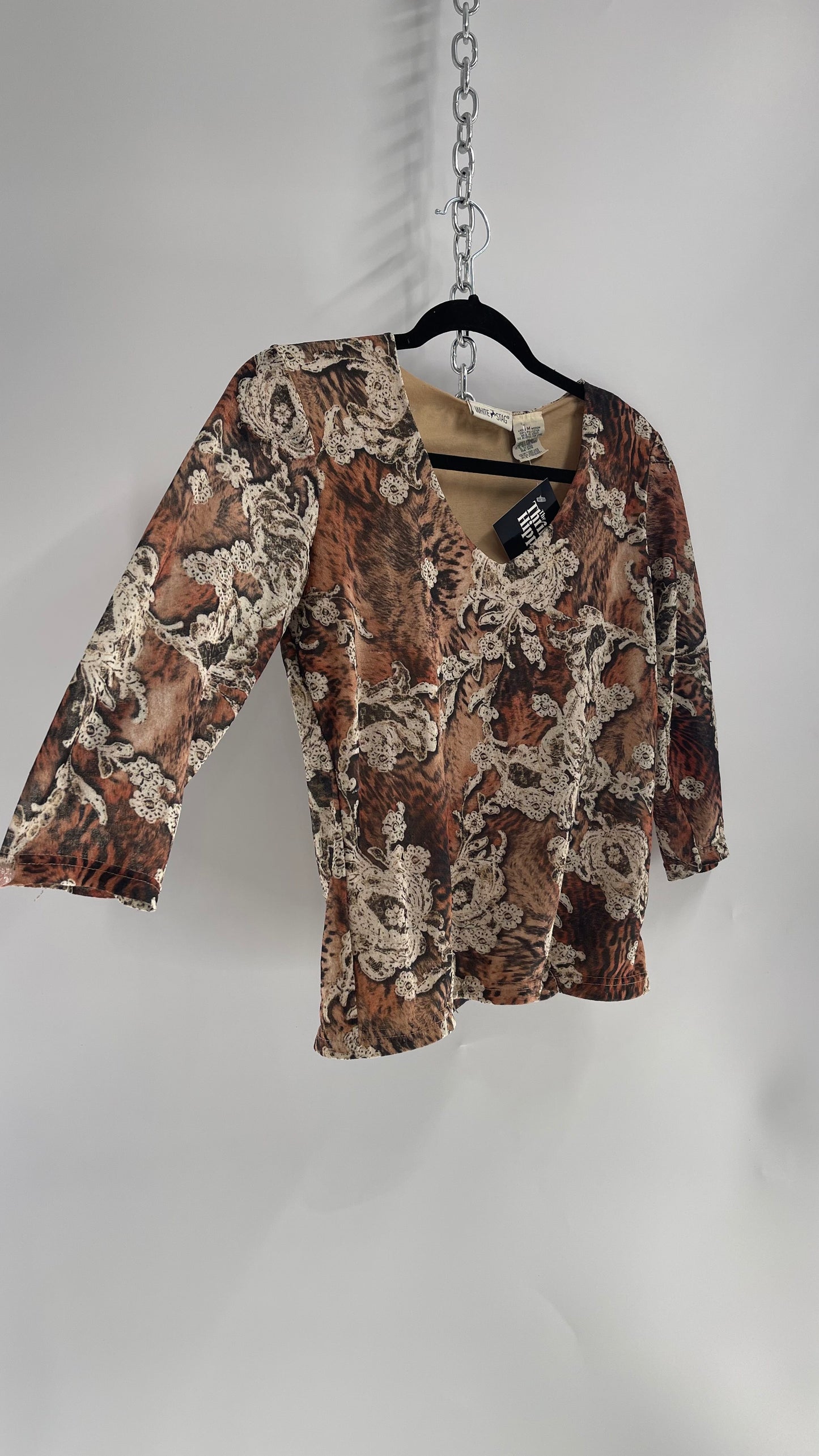Vintage 1990s Lace Animal Print Cropped Quarter Sleeve V Neck (Medium)